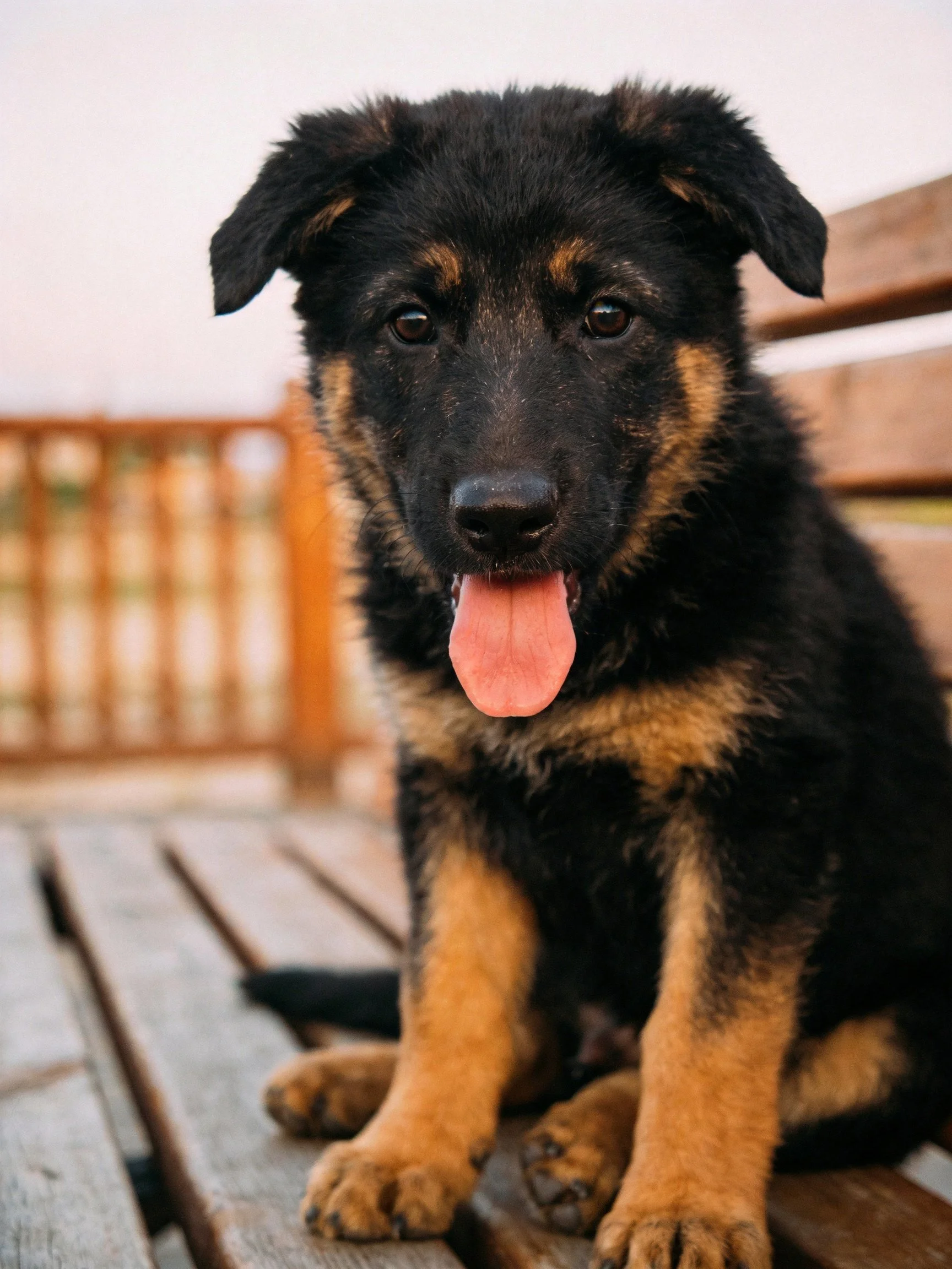A black and tan German Shepherd puppy sits on a wooden deck
