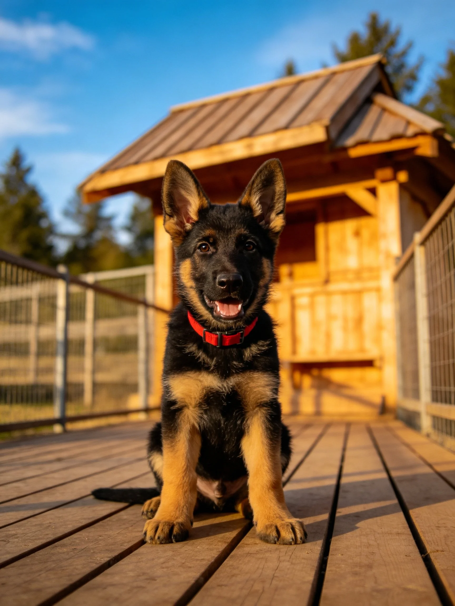 A German Shepherd puppy sits calmly on a wooden deck with a wooden structure in the background