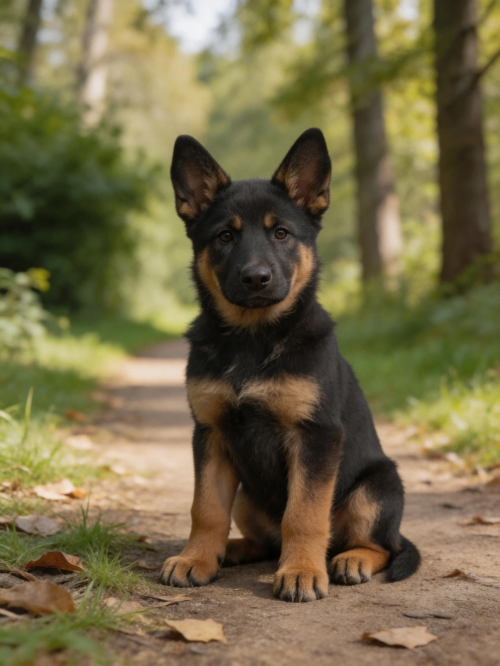 A German Shepherd puppy sits calmly on a forest path surrounded by trees and greenery.