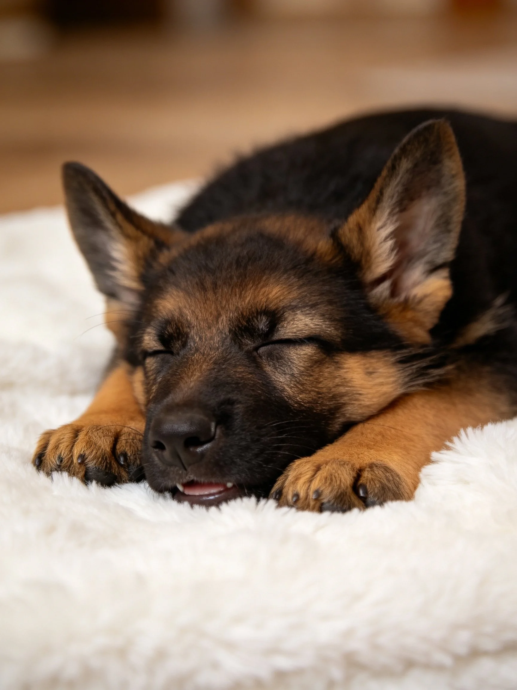 A German Shepherd puppy rests peacefully on a soft white surface.