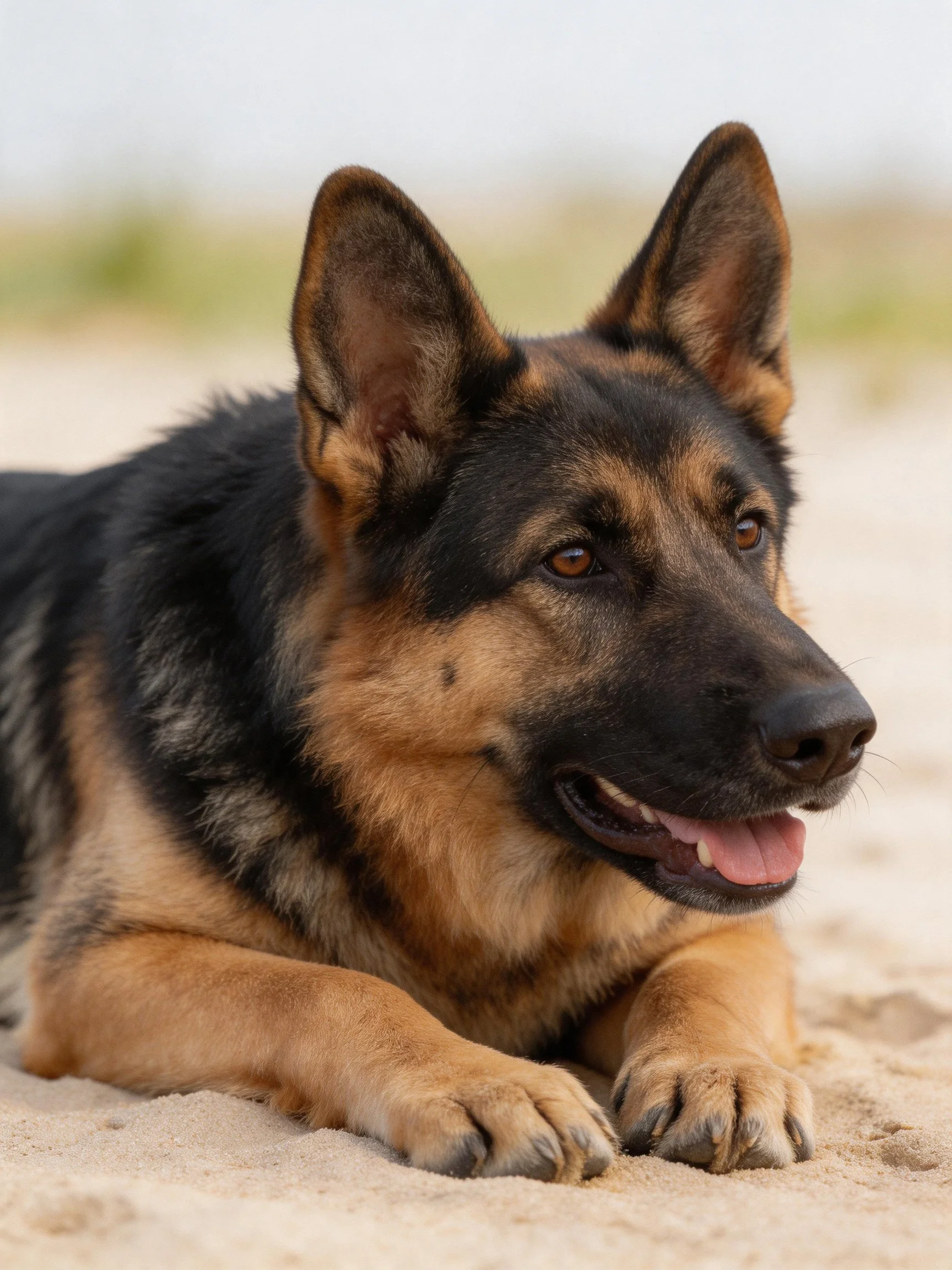A German Shepherd rests comfortably on sandy ground.