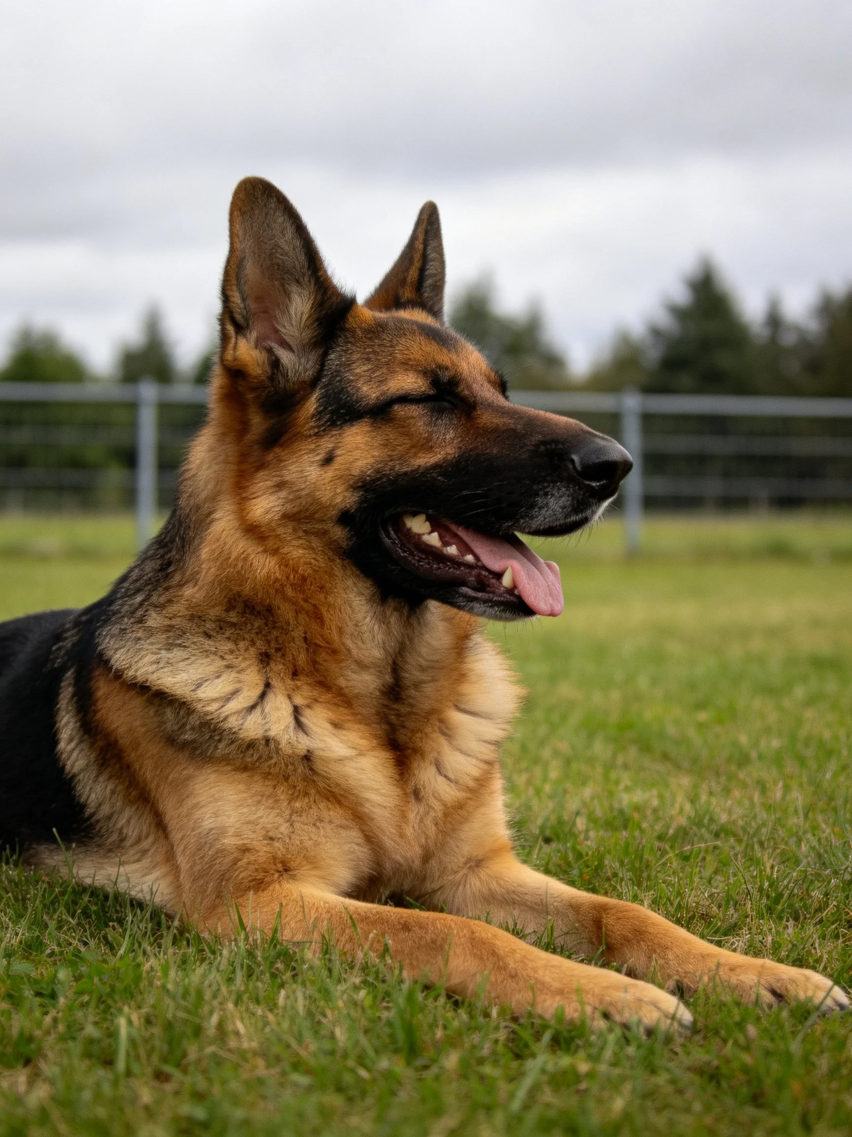 A German Shepherd relaxes on grass in an outdoor setting