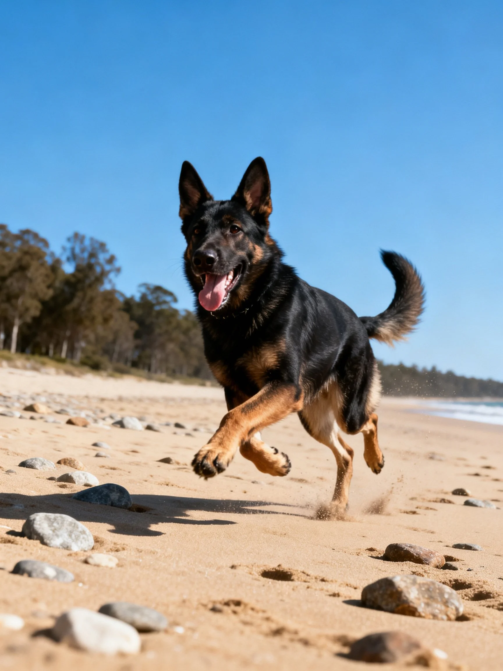 A German Shepherd joyfully runs on a rocky sandy beach under a clear sky