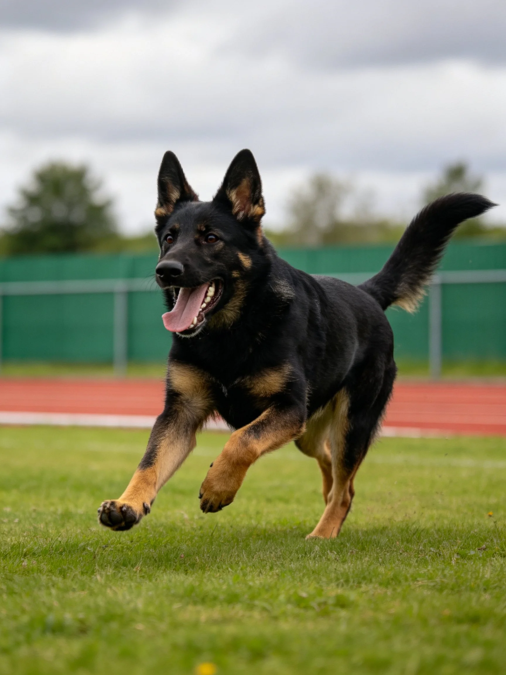 A German Shepherd dog runs joyfully on a grassy field near a track.