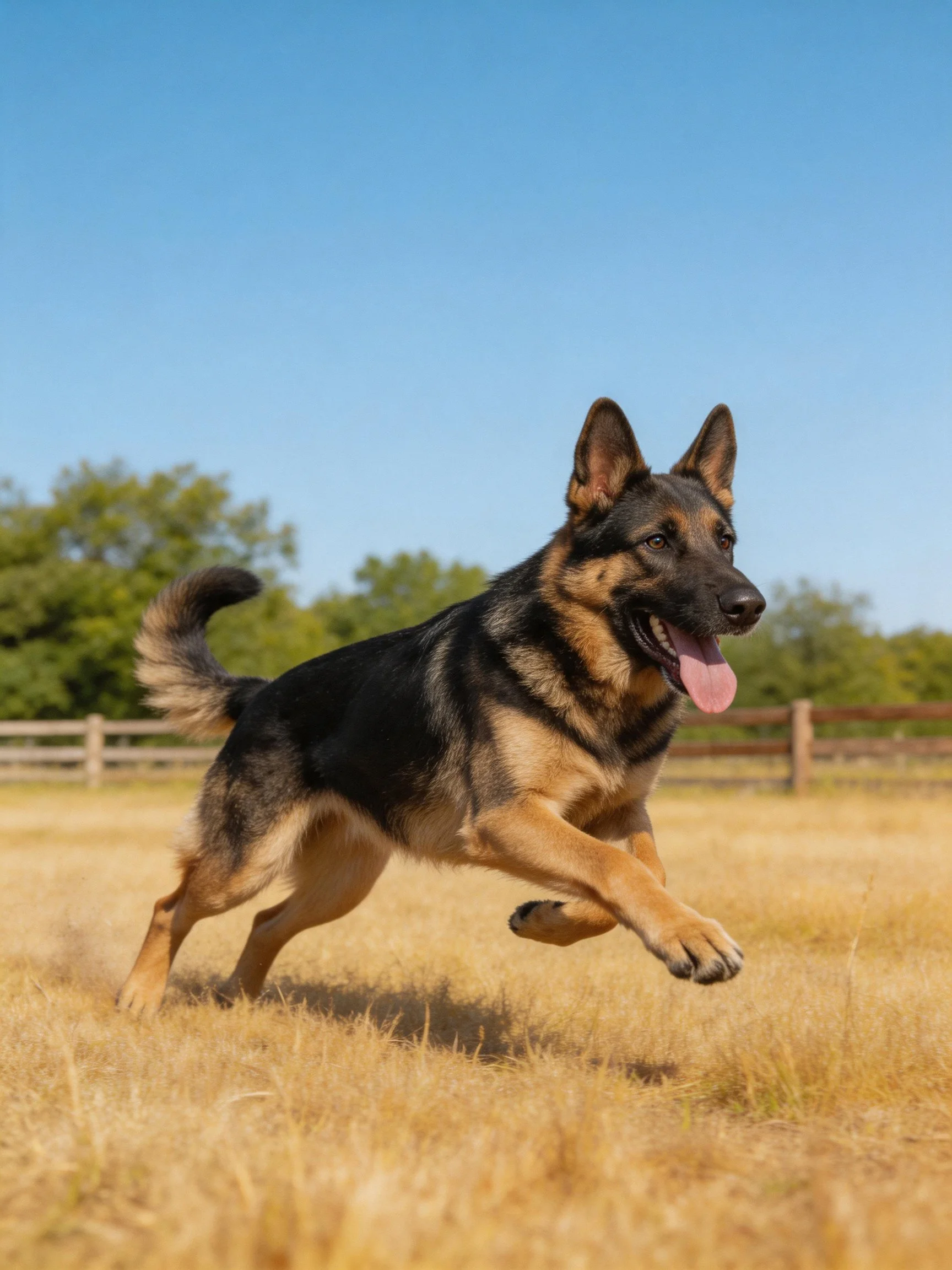 A German Shepherd dog runs joyfully in a sunlit, open field.