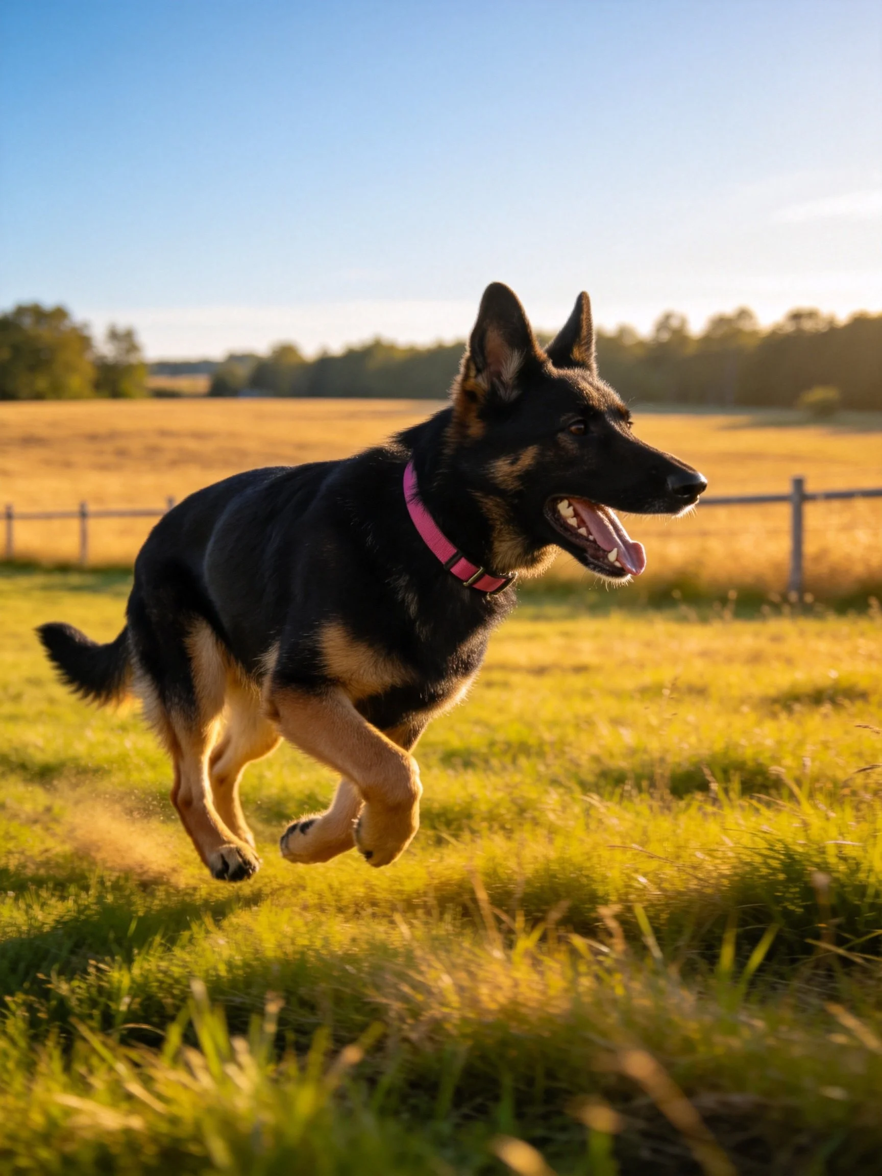A German Shepherd dashes through sunlit grassy fields near a wooden fence.