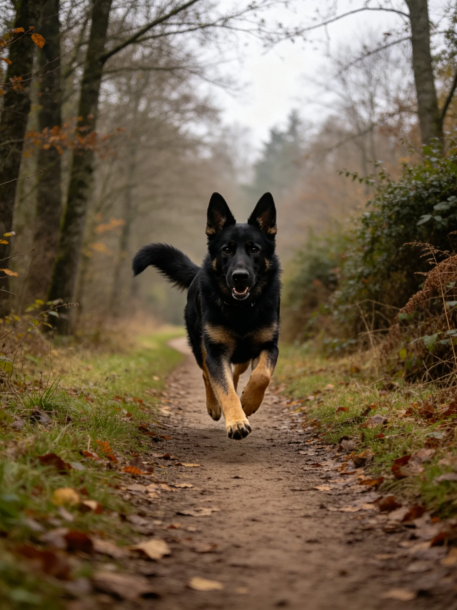 A black and tan German Shepherd runs toward the camera on a leaf-laden forest path