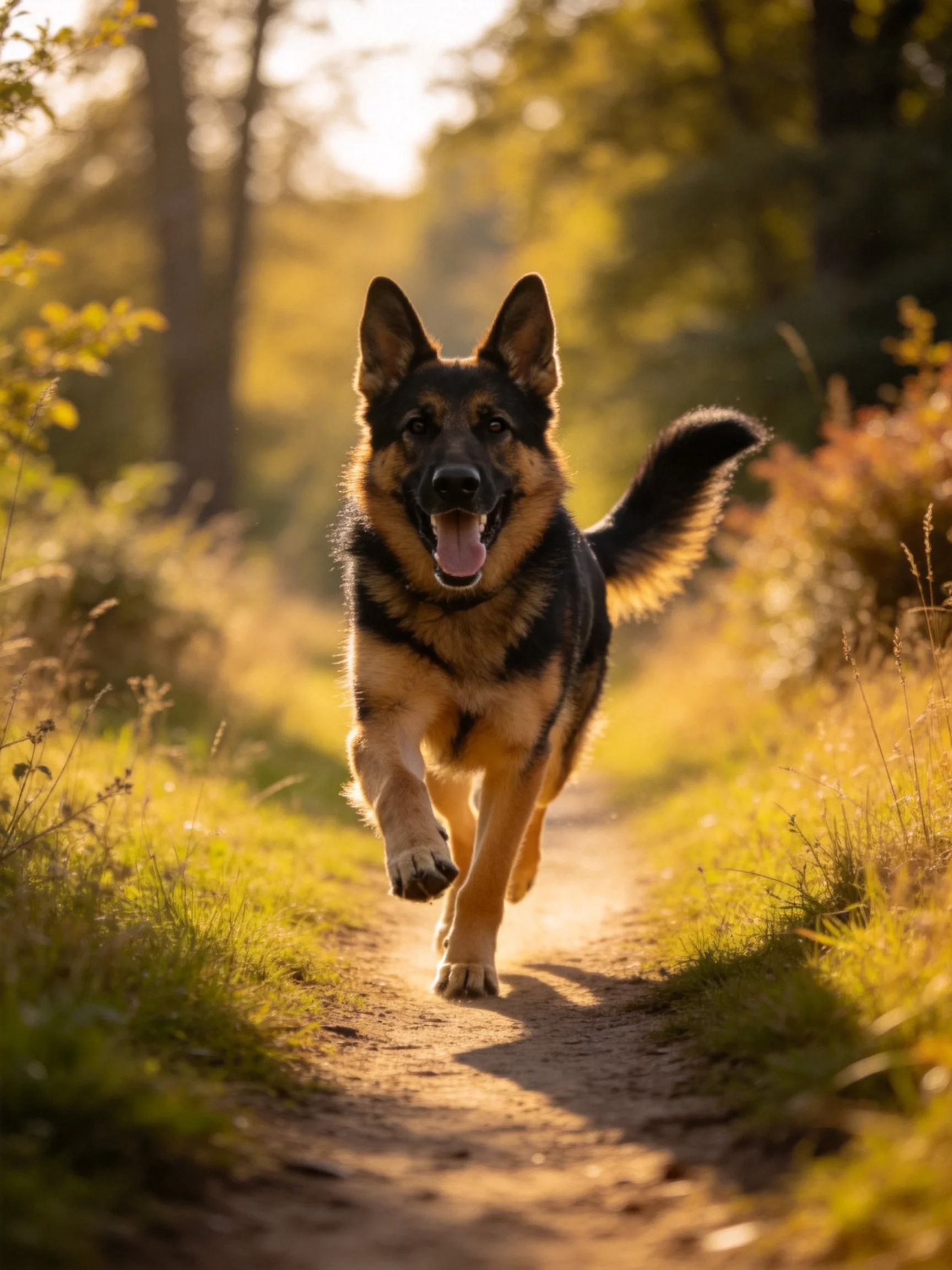 A German Shepherd dog runs toward the viewer along a sun-dappled forest path.