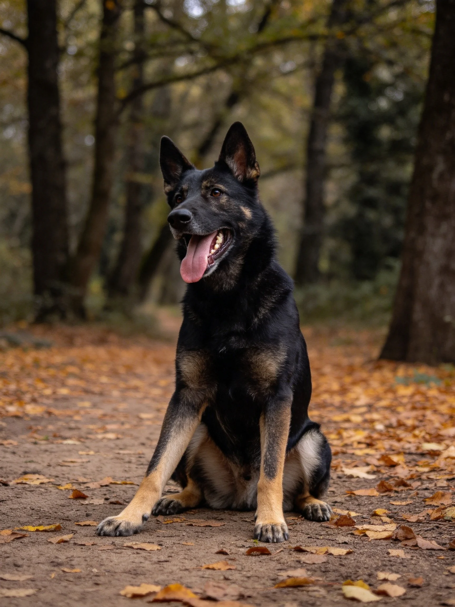 A black and tan German Shepherd sits amid fallen autumn leaves in a wooded area.