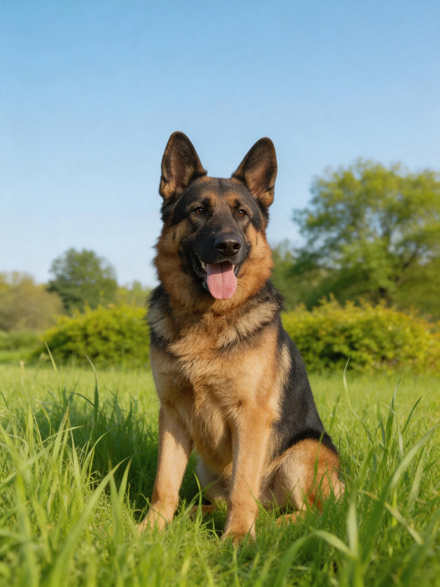 A German Shepherd rests peacefully in a sunny meadow.
