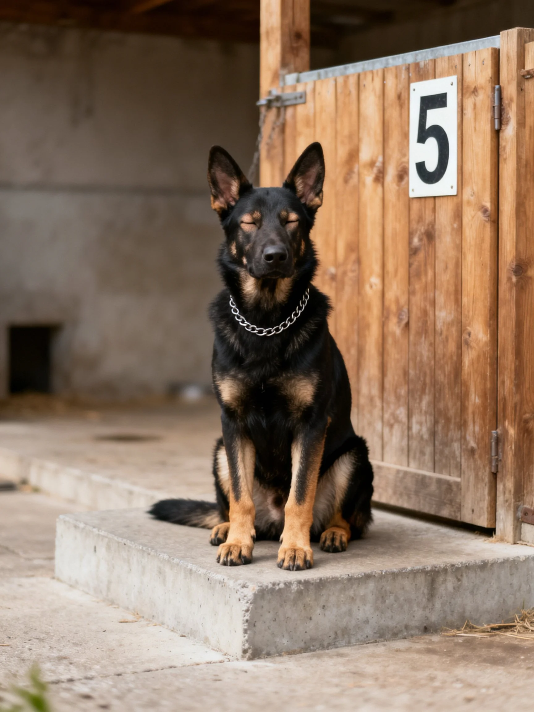 A German Shepherd sits calmly near a wooden stable door marked with the number five