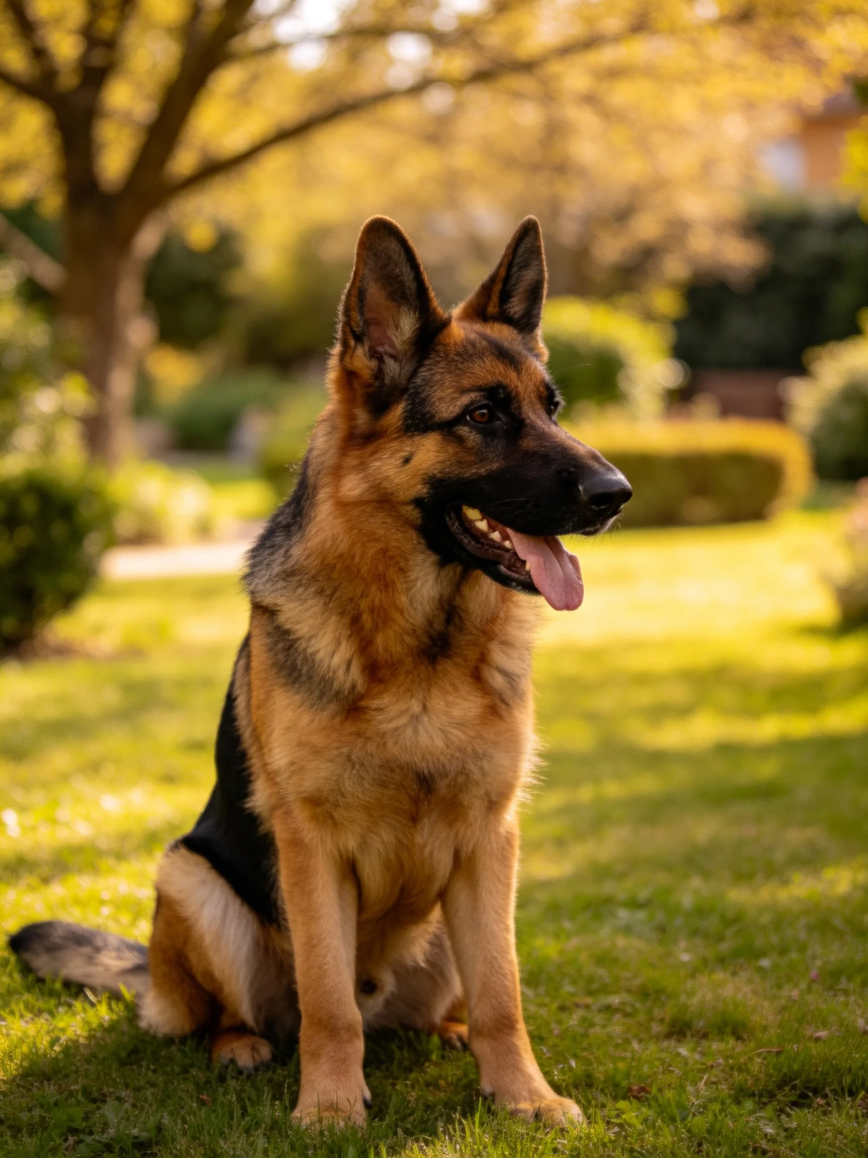 A German Shepherd rests on grass in a sunlit outdoor area