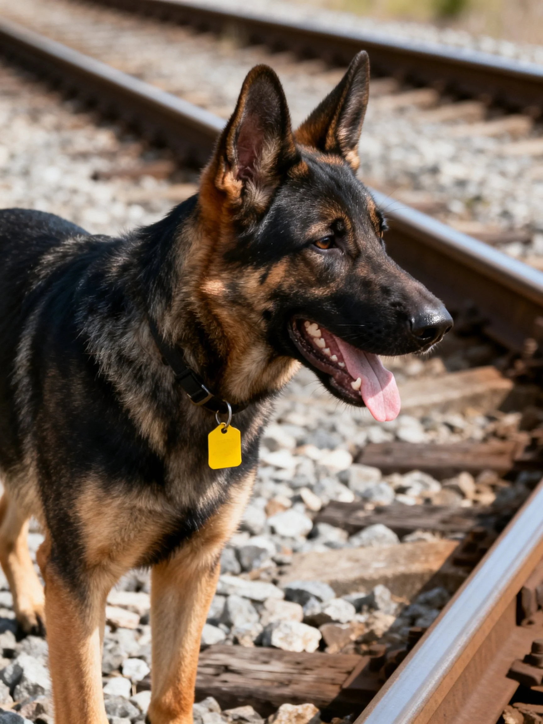 A German Shepherd with a yellow tag stands on railroad tracks.