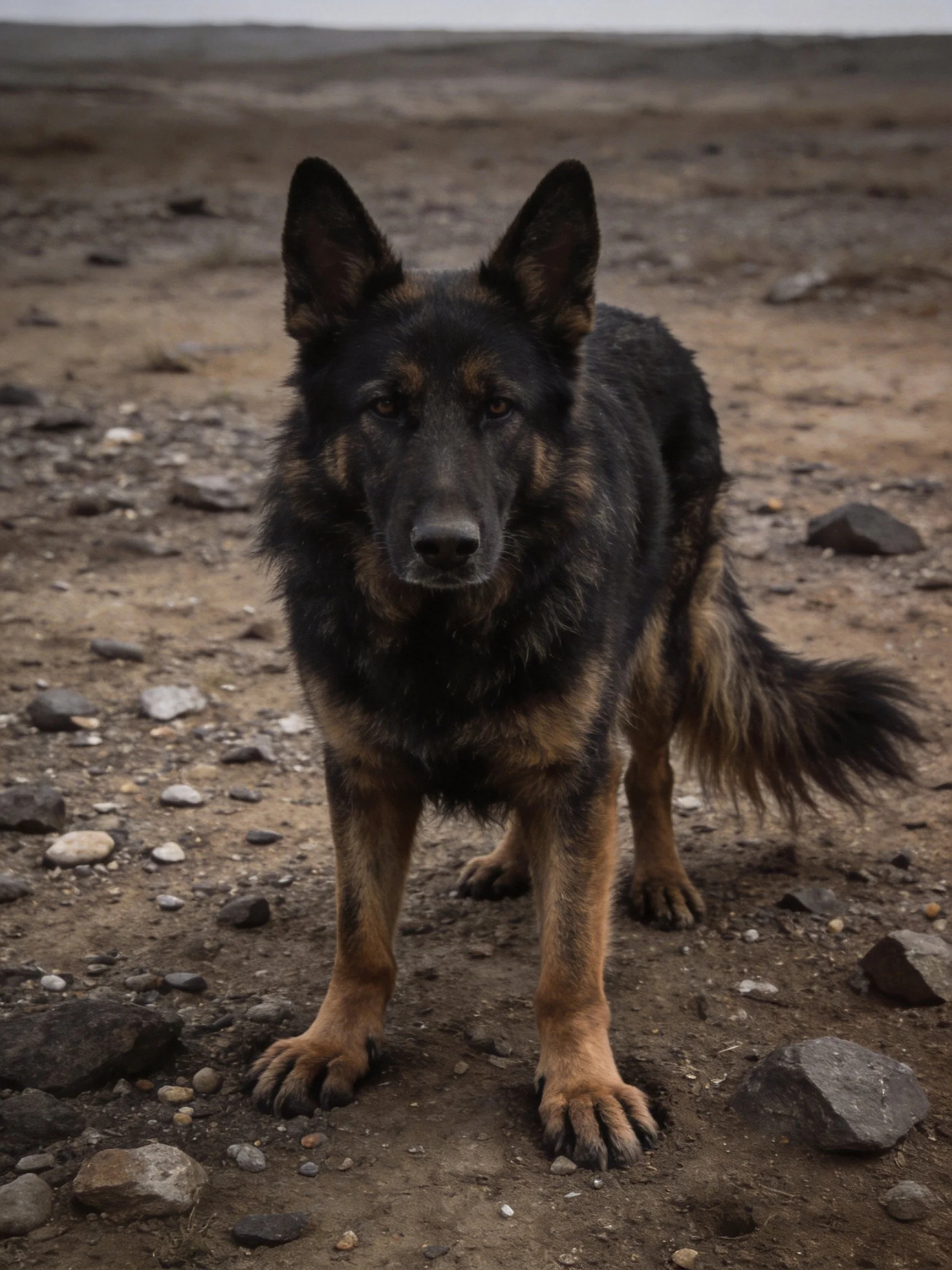 A black and tan German Shepherd stands on rocky, barren terrain.