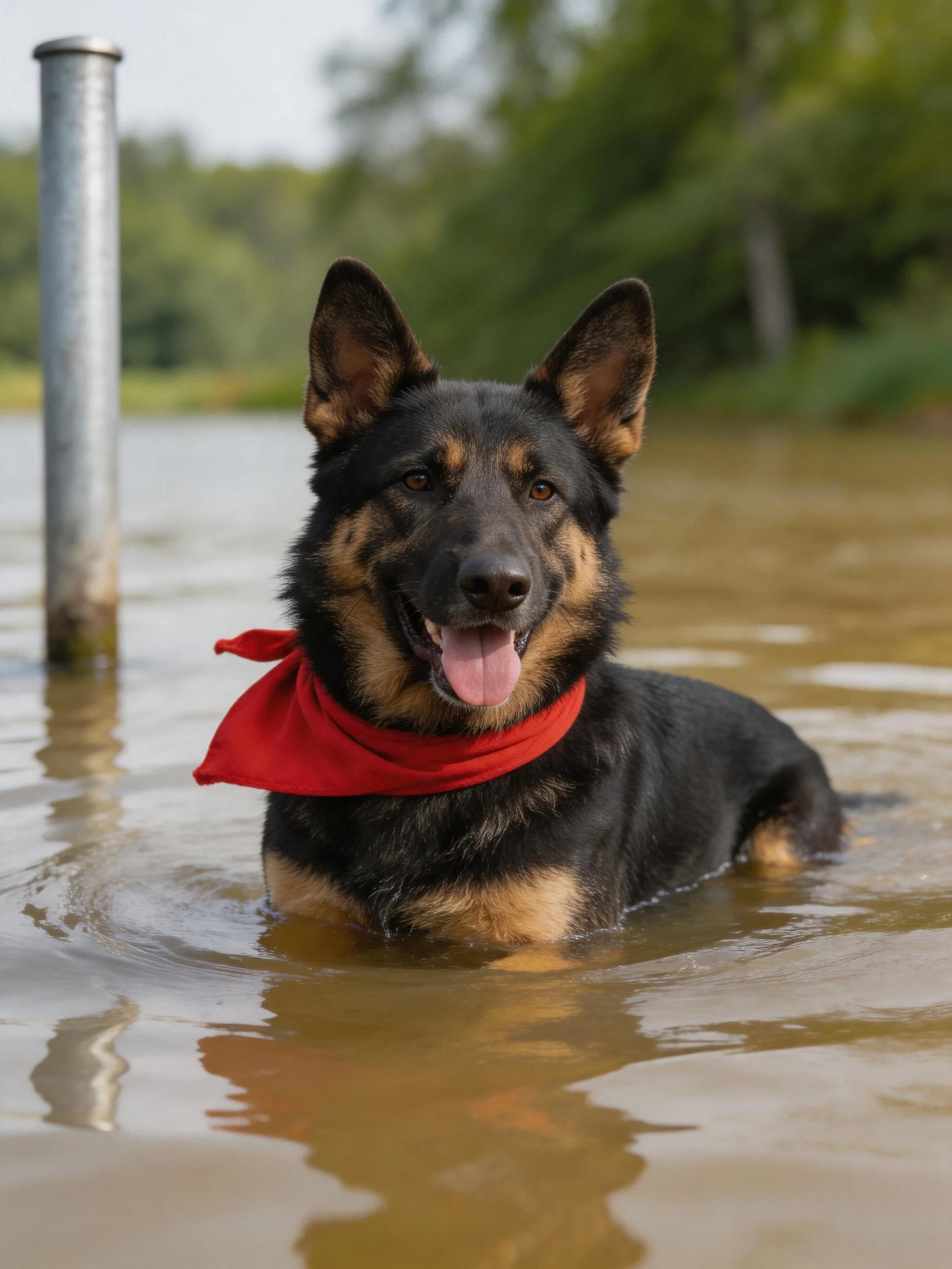 A black and tan German Shepherd swims in murky water with a red bandana