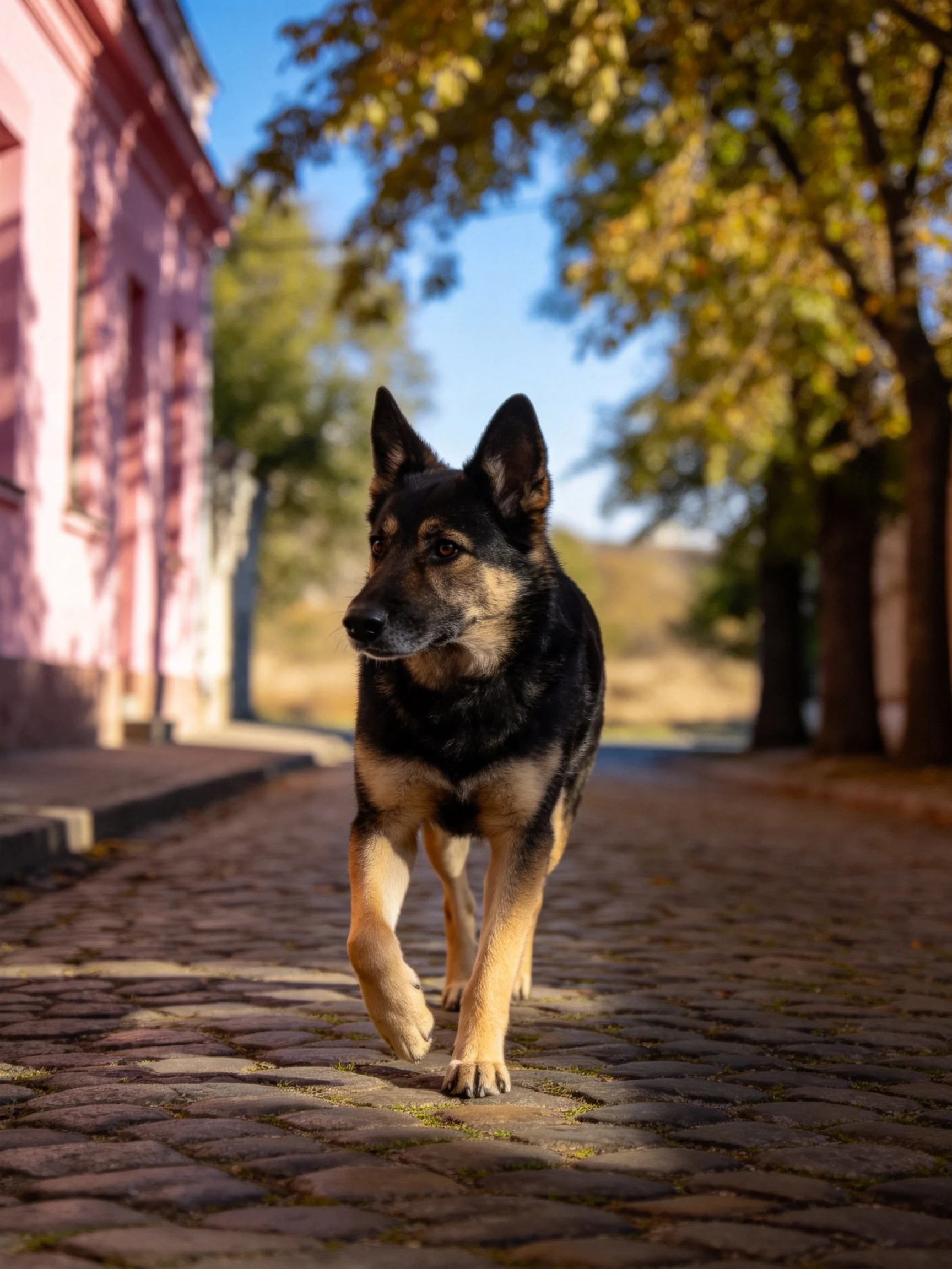 A German Shepherd walks along a cobblestone street beside a pink building.