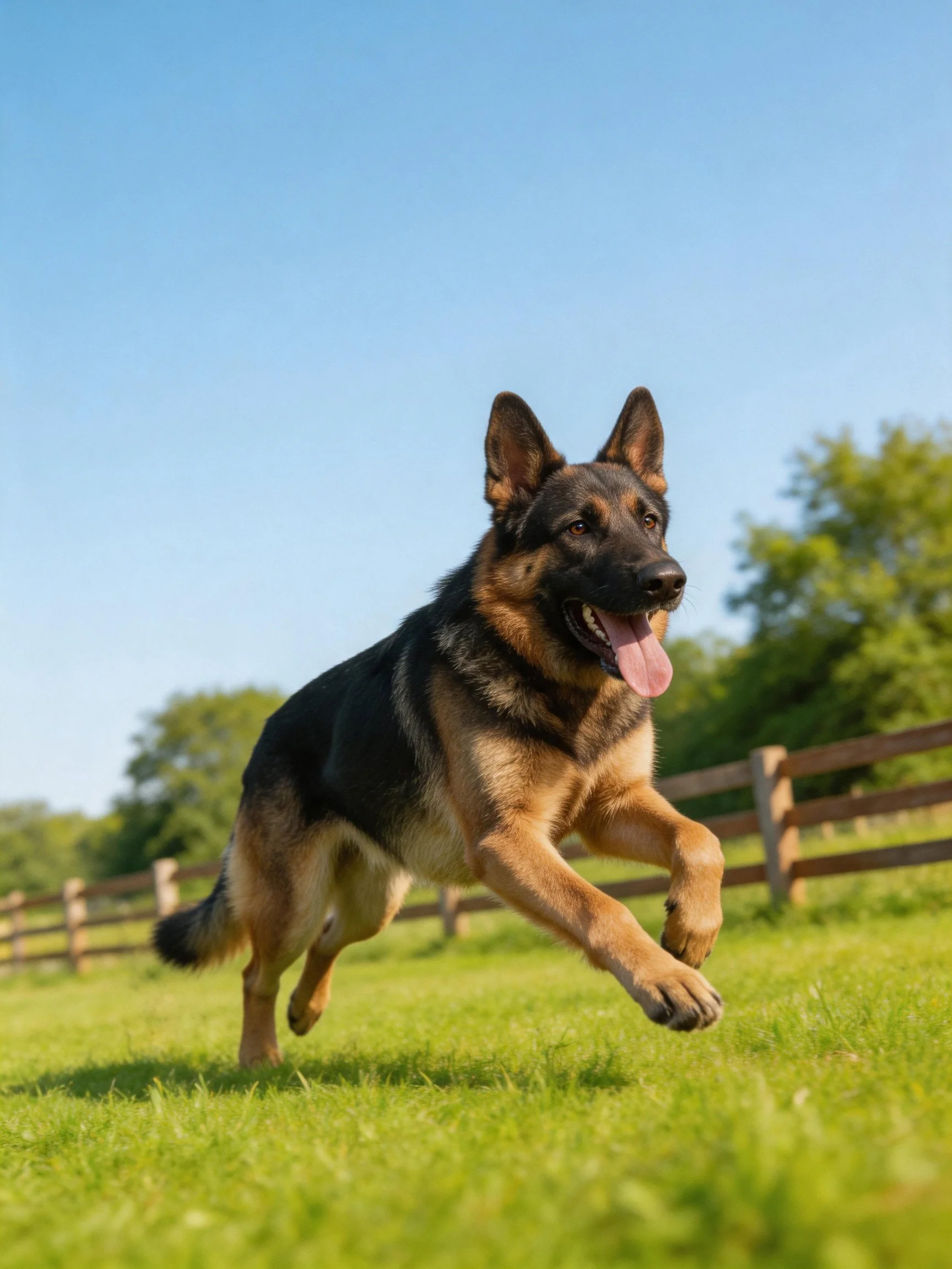 A German Shepherd dog runs joyfully on a sunny grassy field.