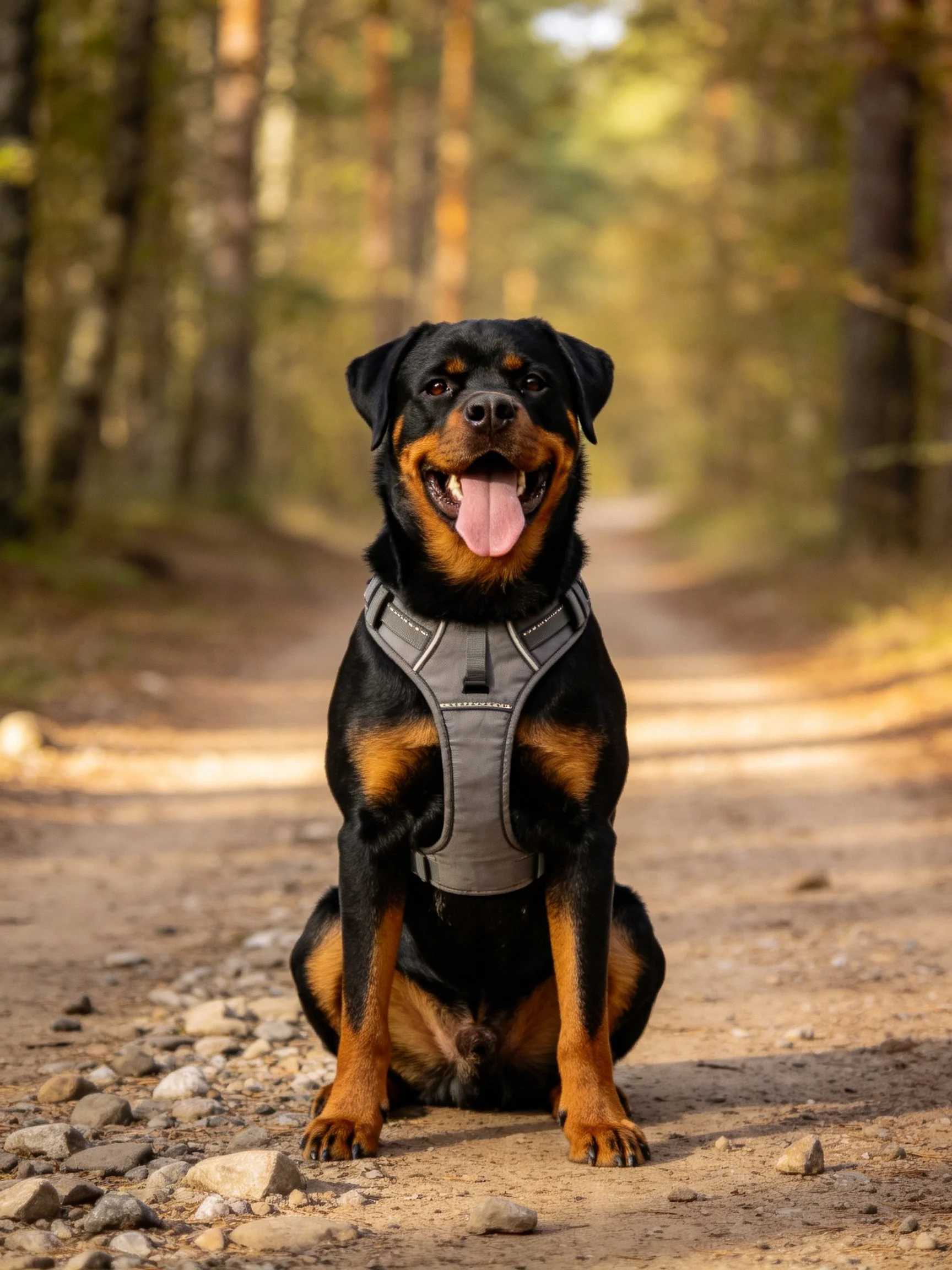 A Rottweiler wearing a gray harness sits calmly on a forest trail