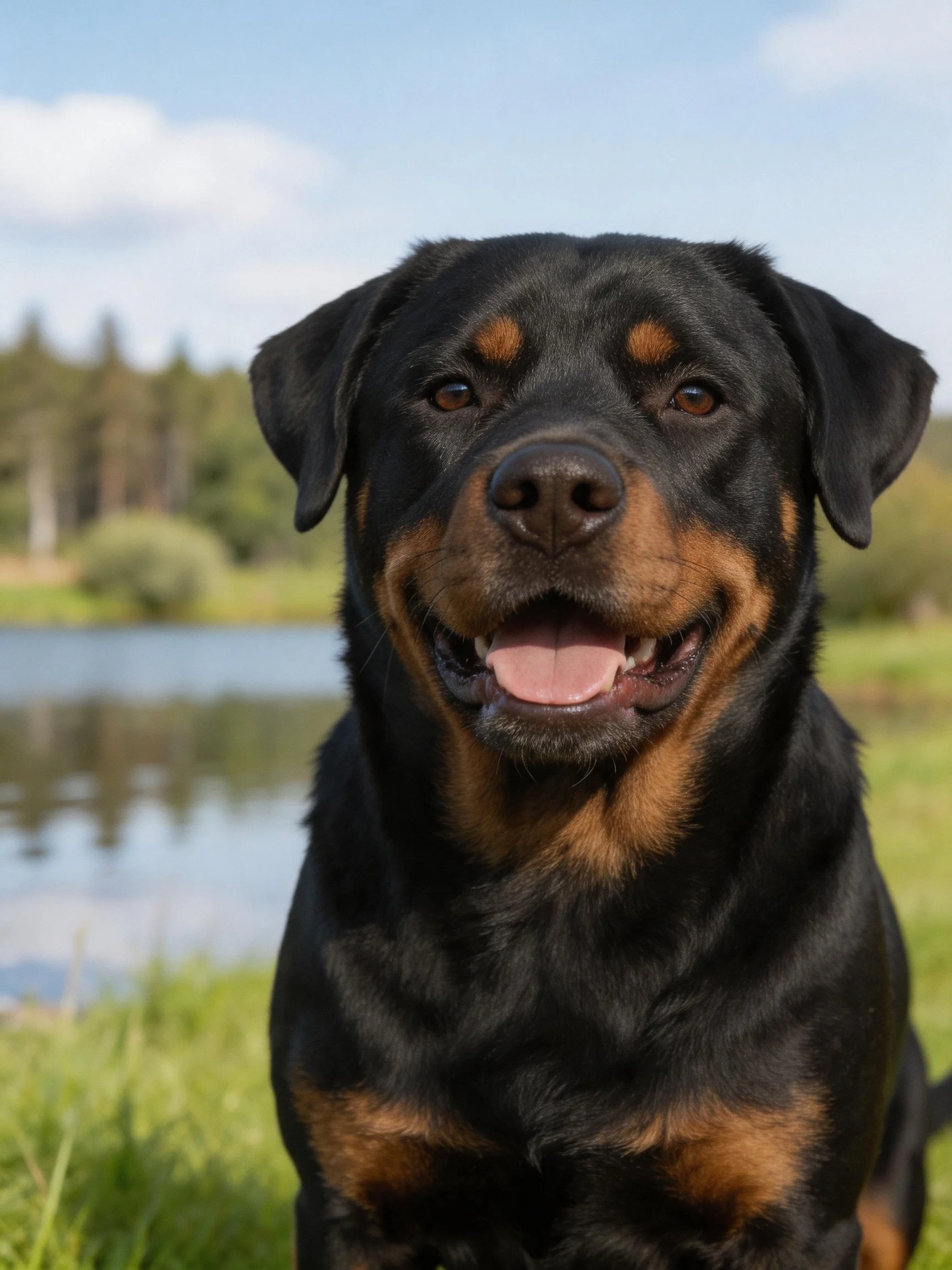 A black and tan Rottweiler relaxes by a calm lake.