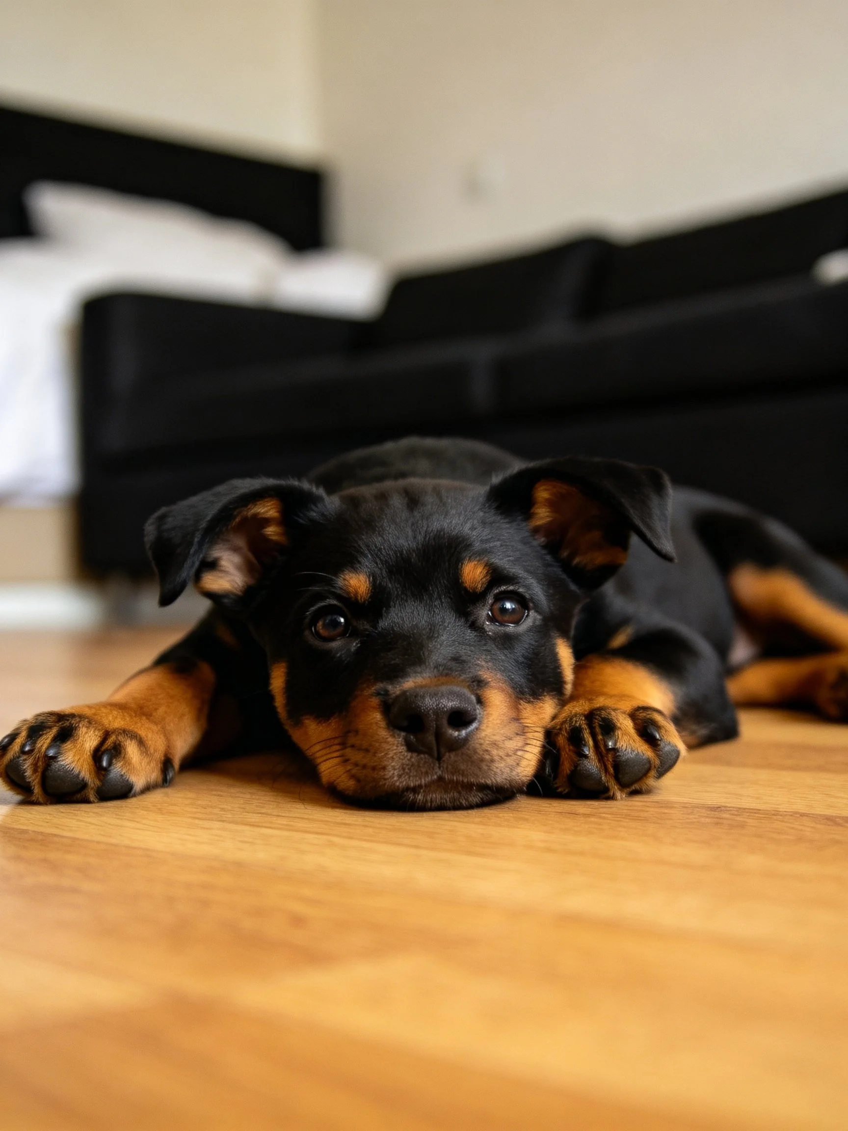 A black and tan Rottweiler puppy rests on a wooden floor near dark furniture