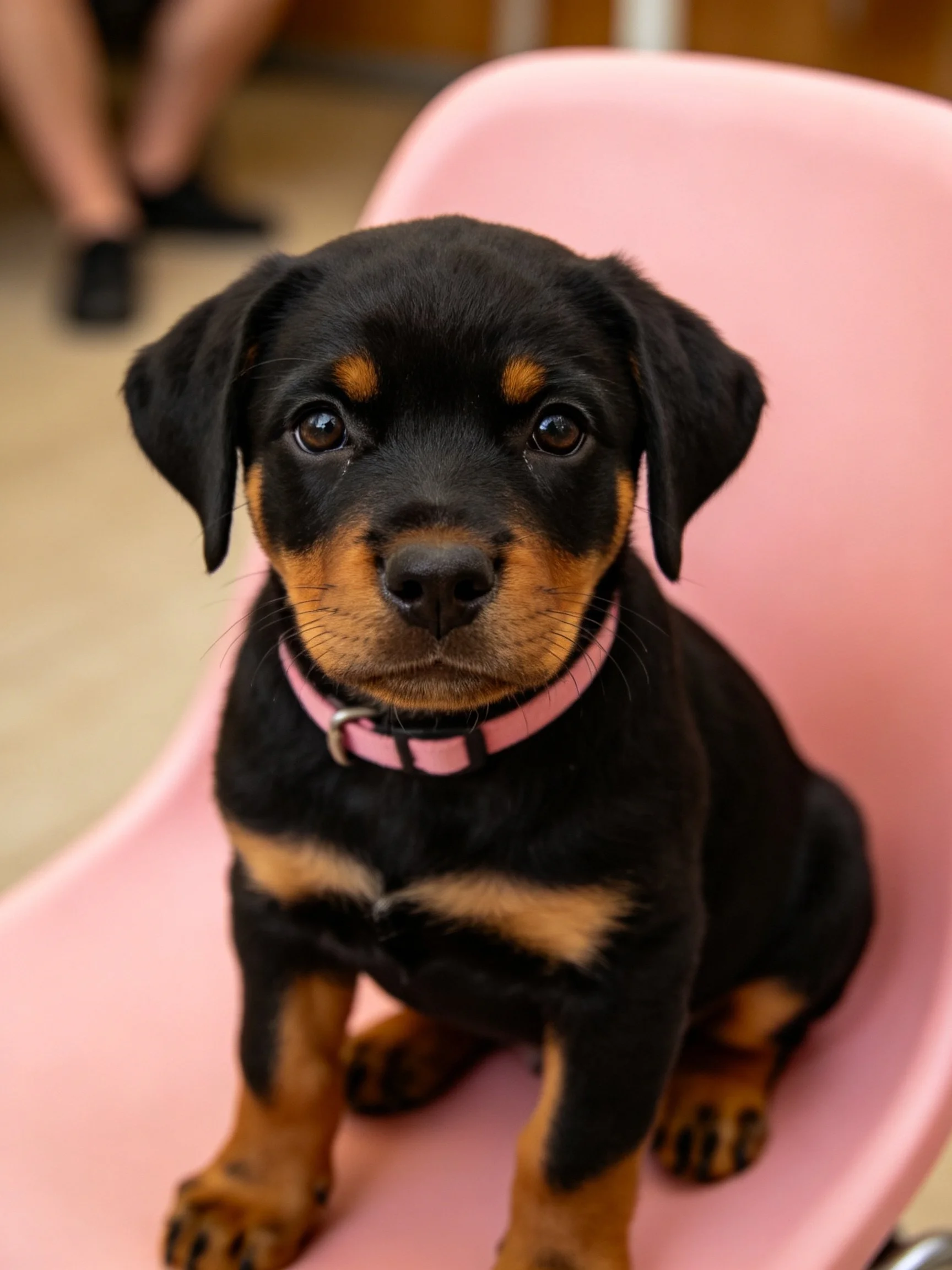 A young Rottweiler puppy wearing a pink collar sits on a pink chair.