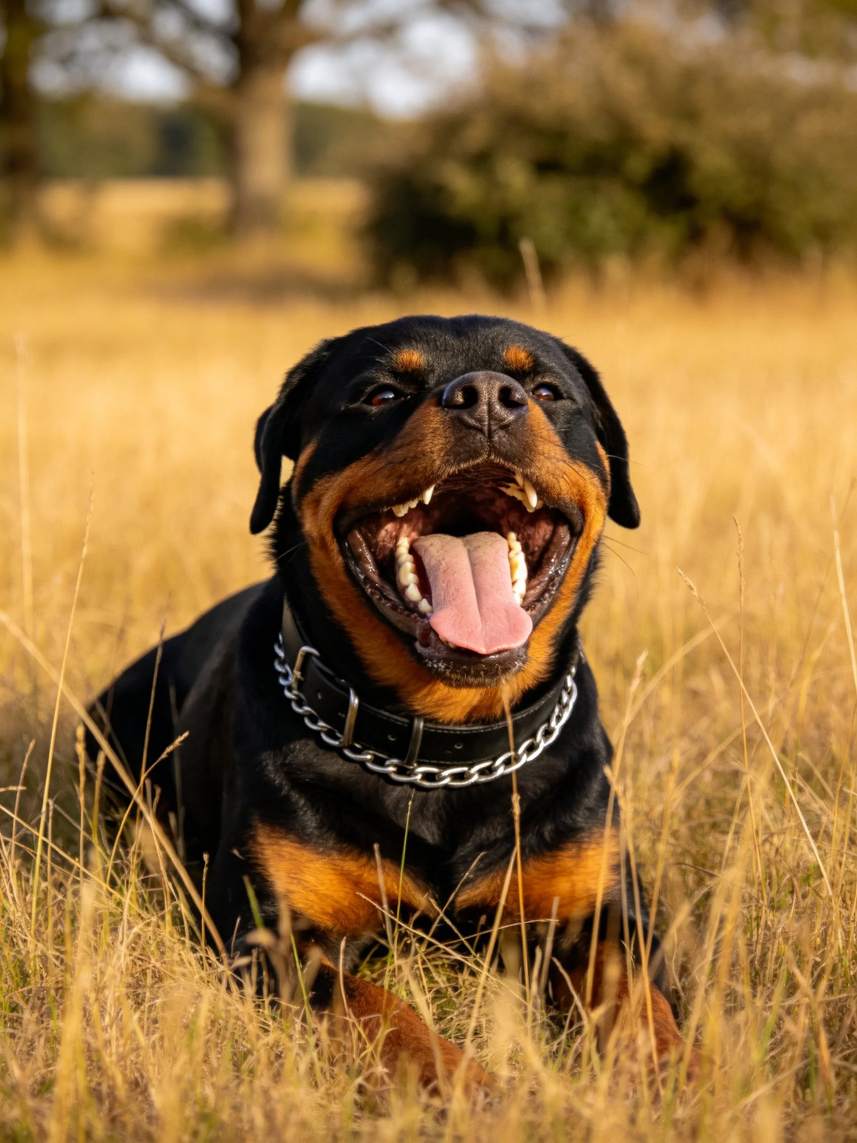 A black and tan Rottweiler resting in golden grass