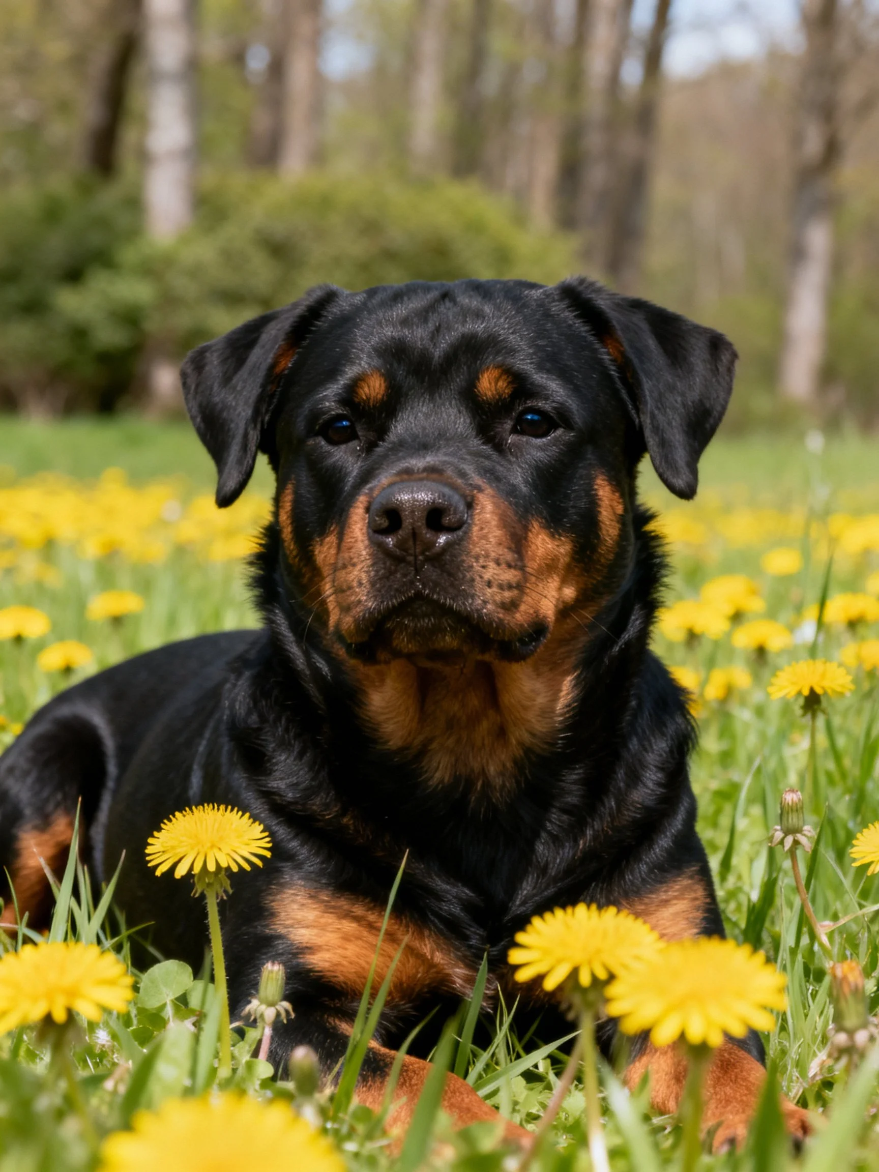 A black and tan Rottweiler relaxes amid yellow dandelions in a sunlit outdoor area.