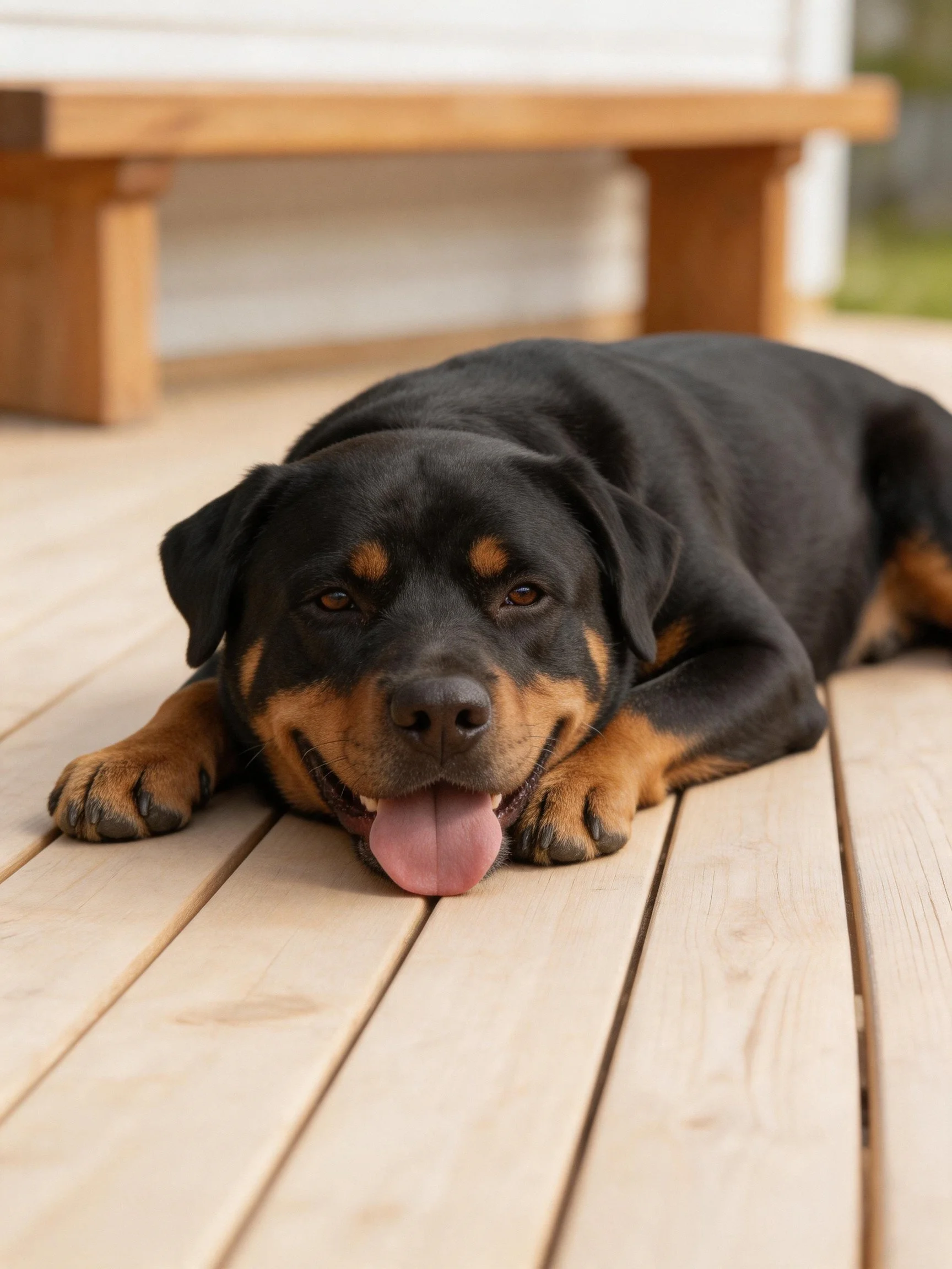 A black and tan Rottweiler relaxes on a wooden deck outside