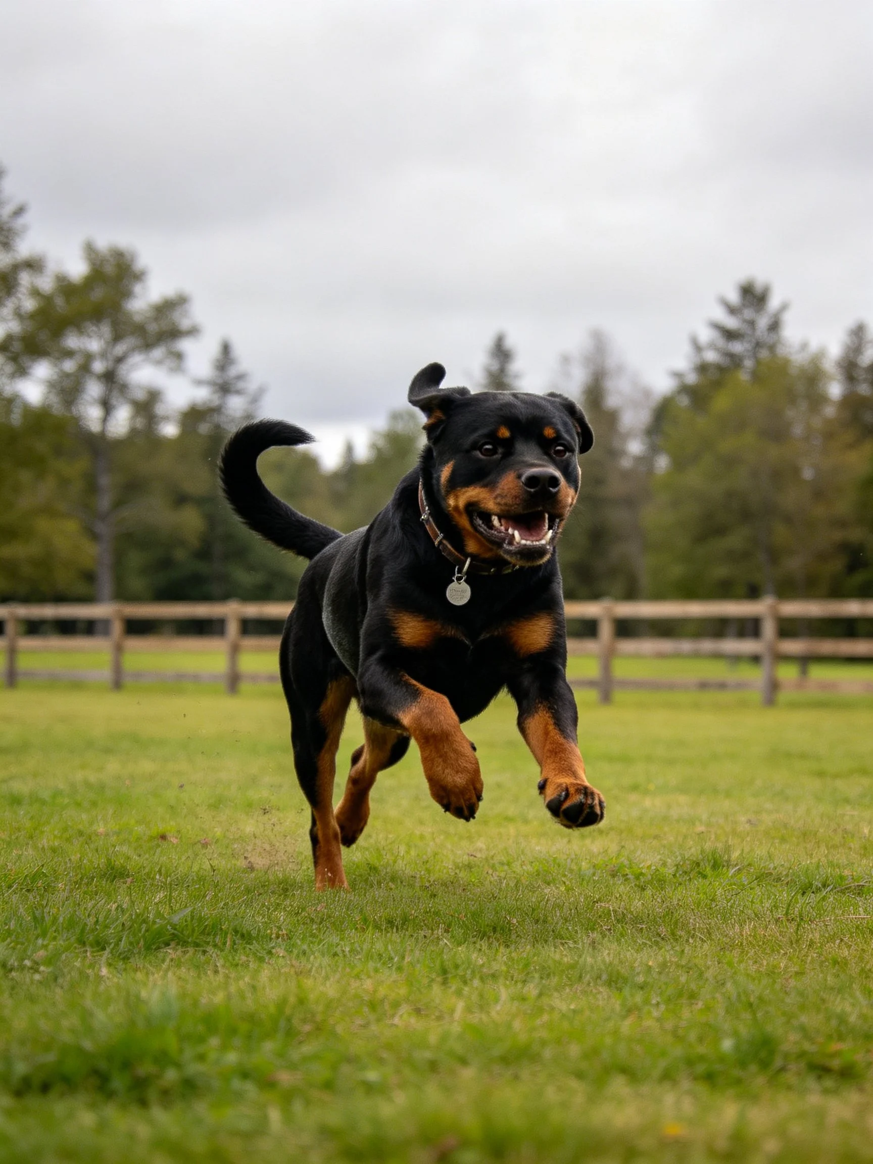 A black and tan Rottweiler runs energetically in a grassy outdoor area.