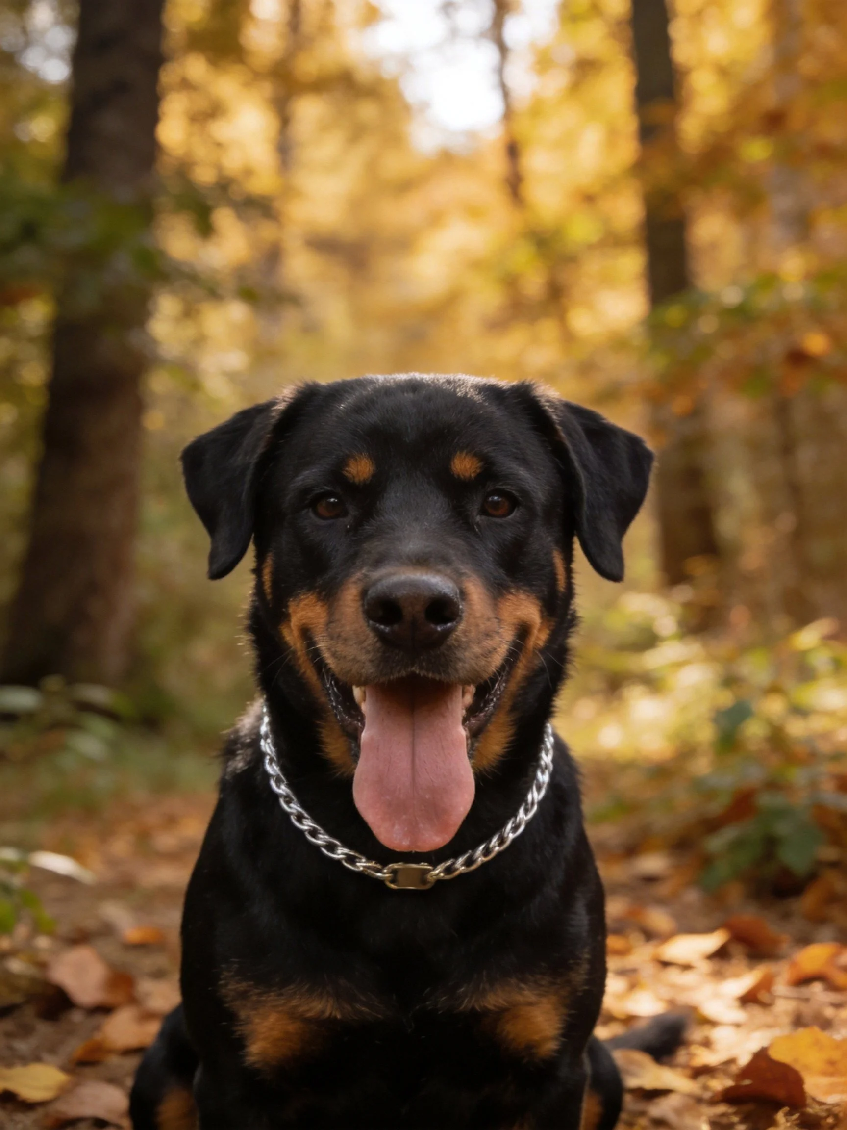 A black and tan Rottweiler relaxes among fallen autumn leaves in a sunlit forest setting