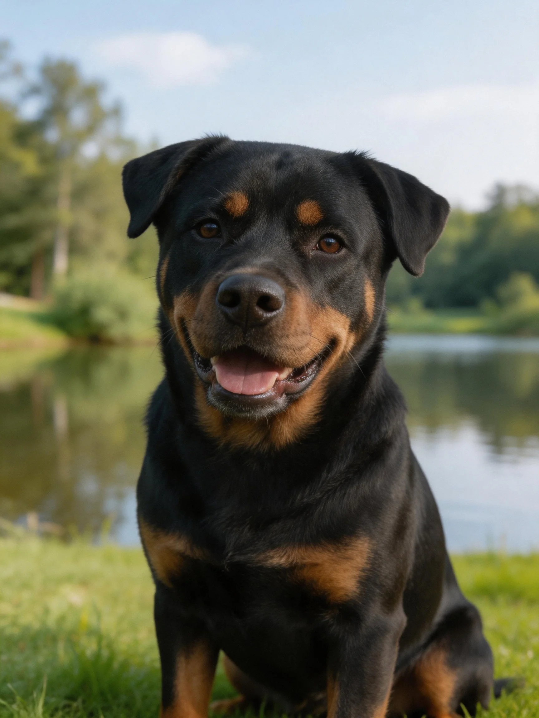 A black and tan Rottweiler sits by a calm lake with green surroundings