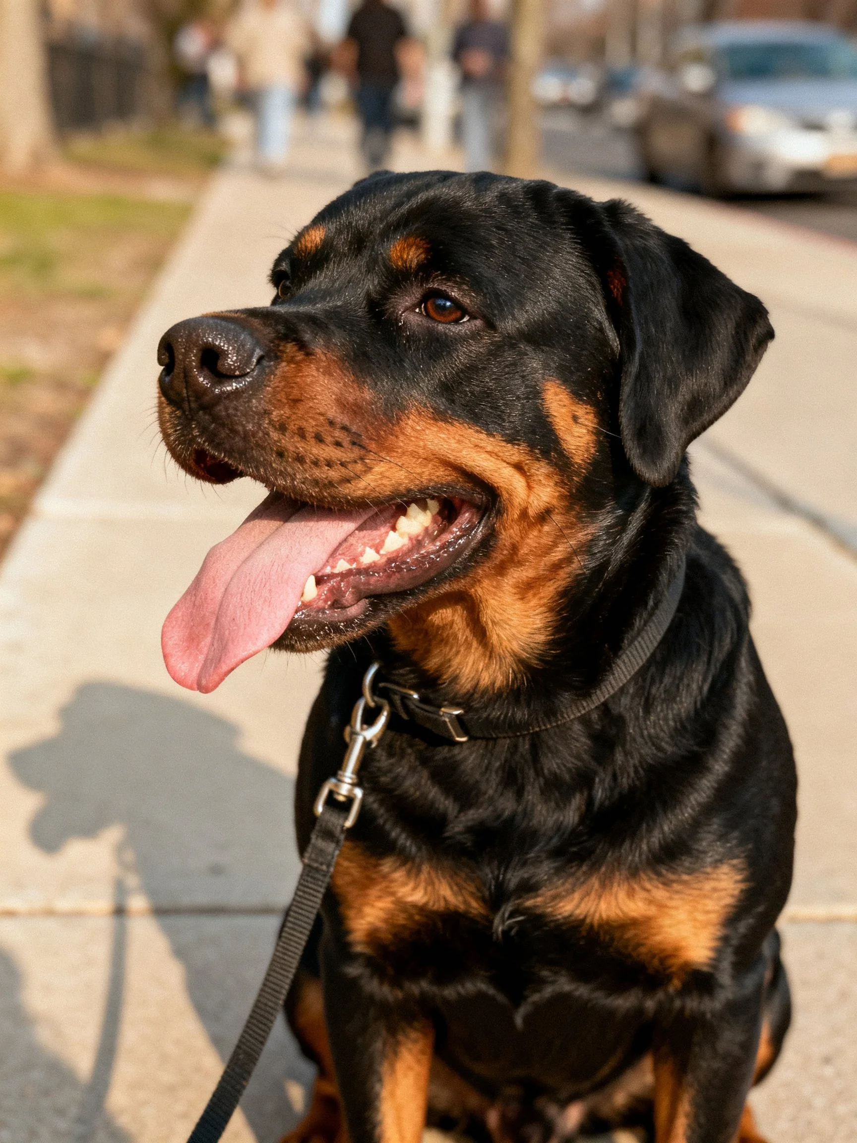 A black and tan Rottweiler sits contentedly on a sunny sidewalk