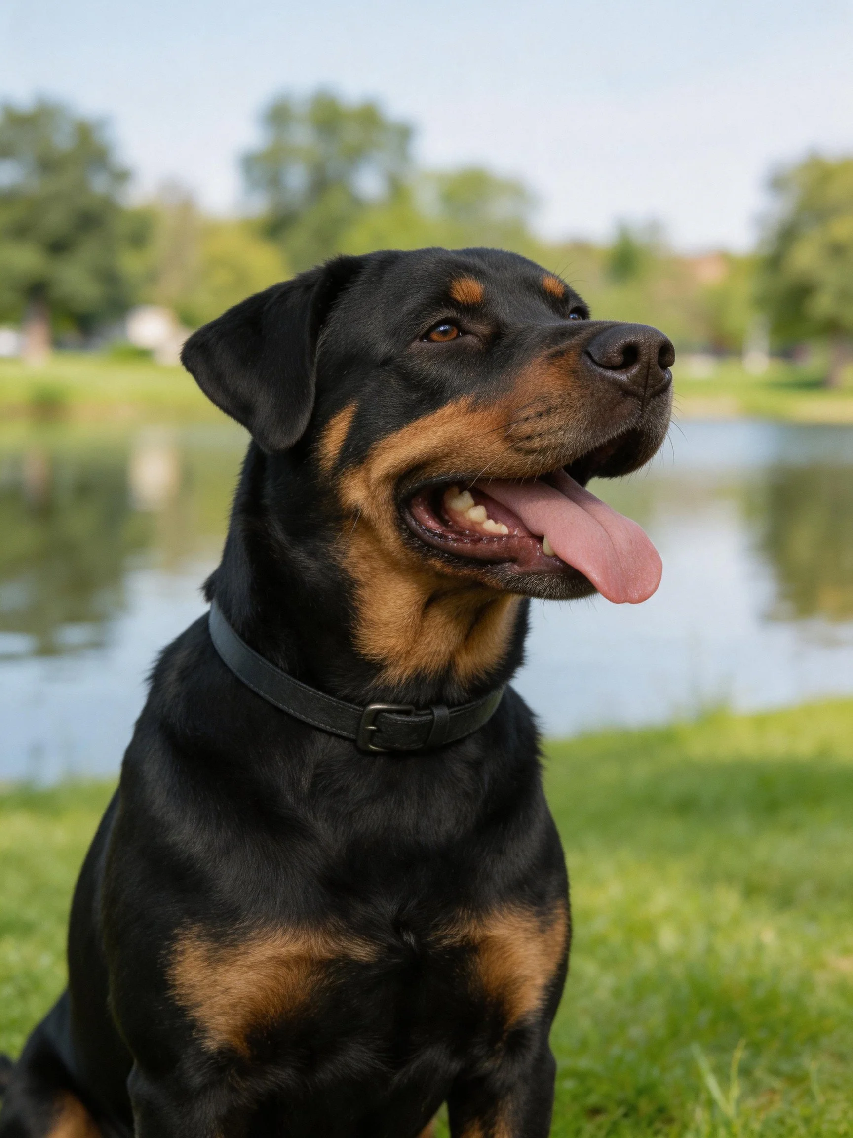 A black and tan Rottweiler relaxes by a calm body of water.