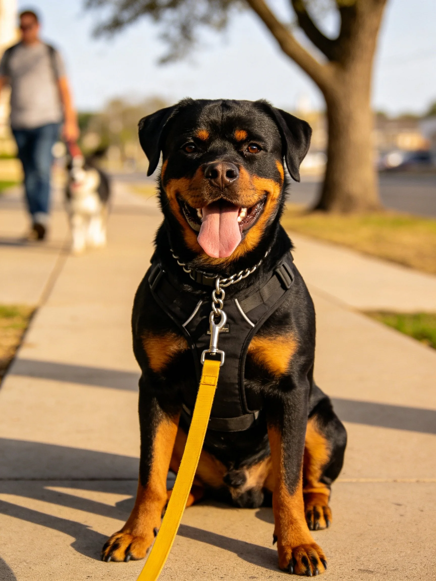 A black and tan Rottweiler sits calmly on a sidewalk with a yellow leash.