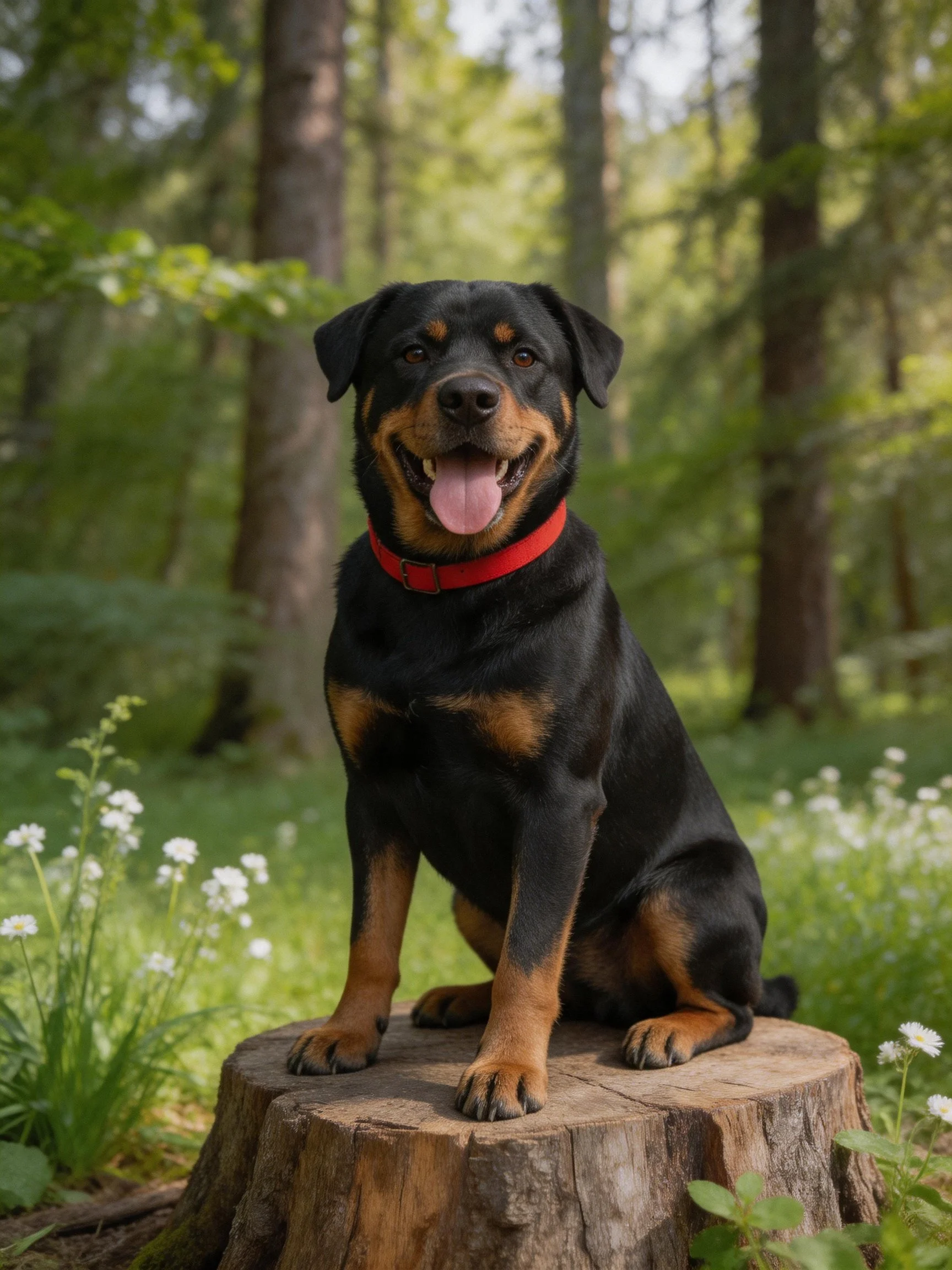 A Rottweiler rests on a tree stump amid greenery and white flowers in a sunlit forest