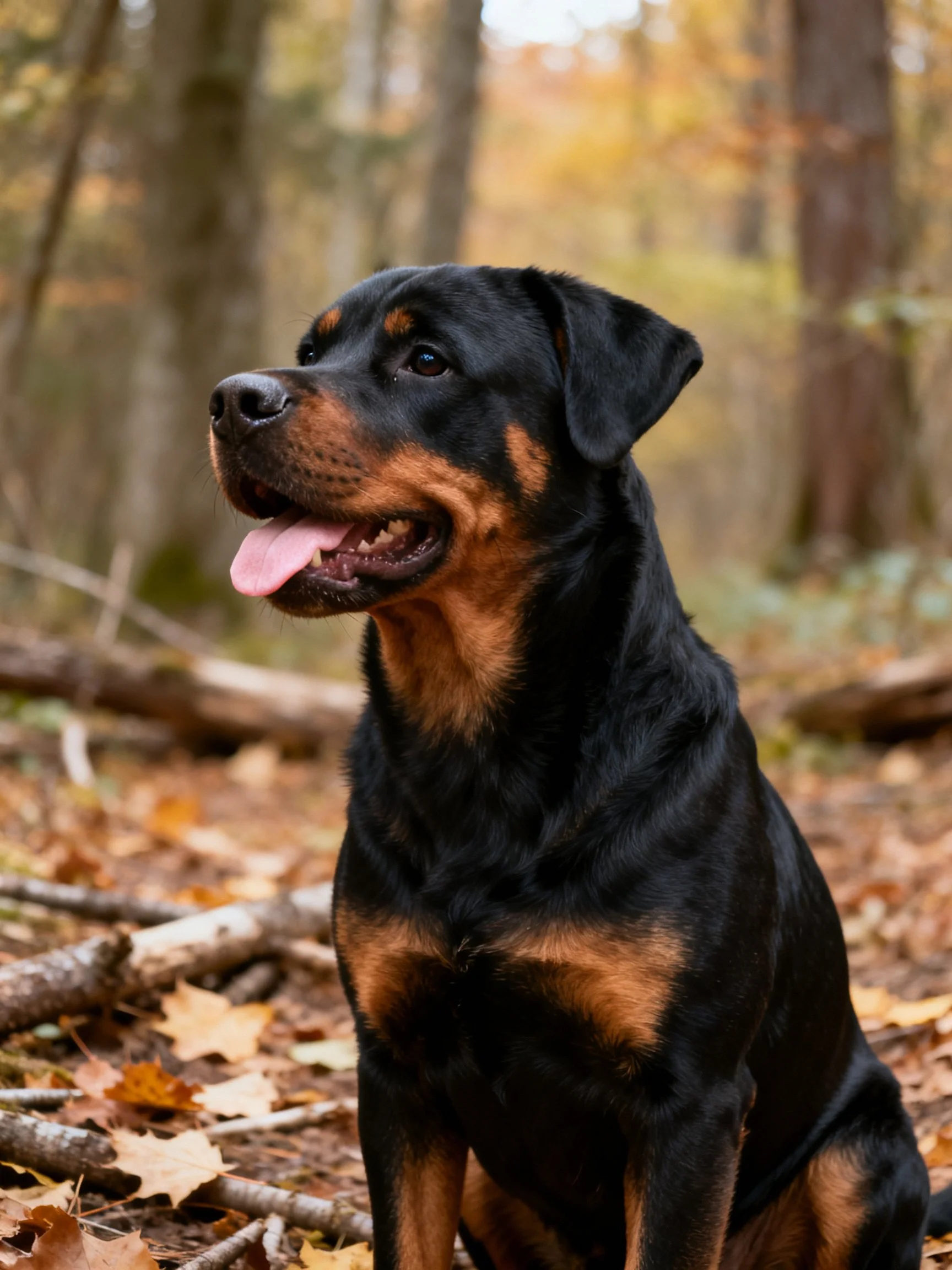 A black and tan Rottweiler sits calmly in an autumn forest.