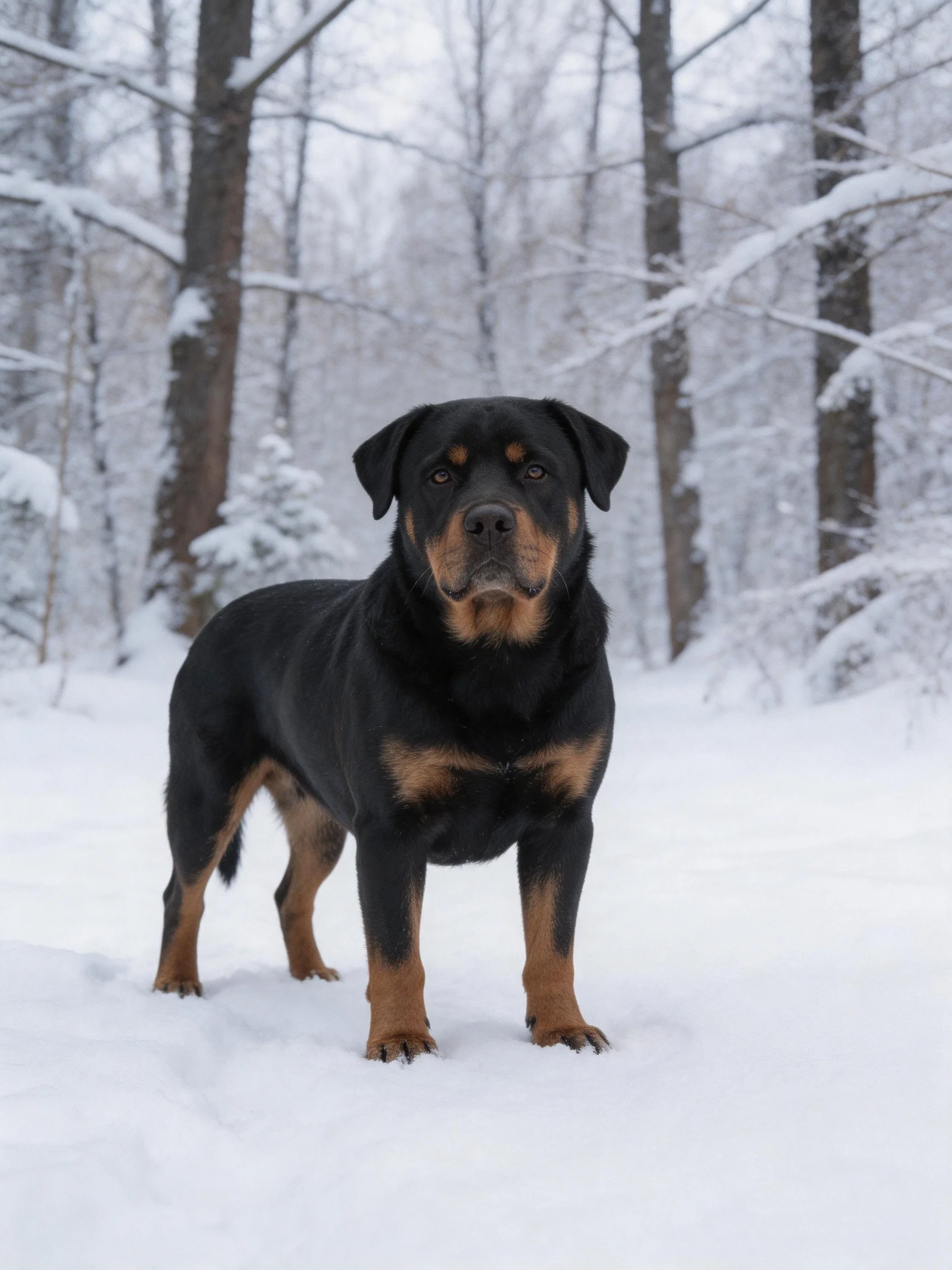 A black and tan Rottweiler stands in a snowy forest