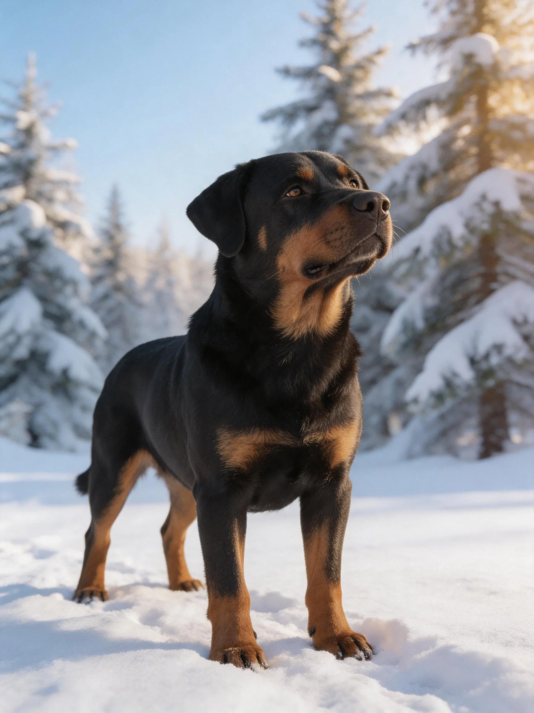 A black and tan Rottweiler stands alert amid snow-laden trees.