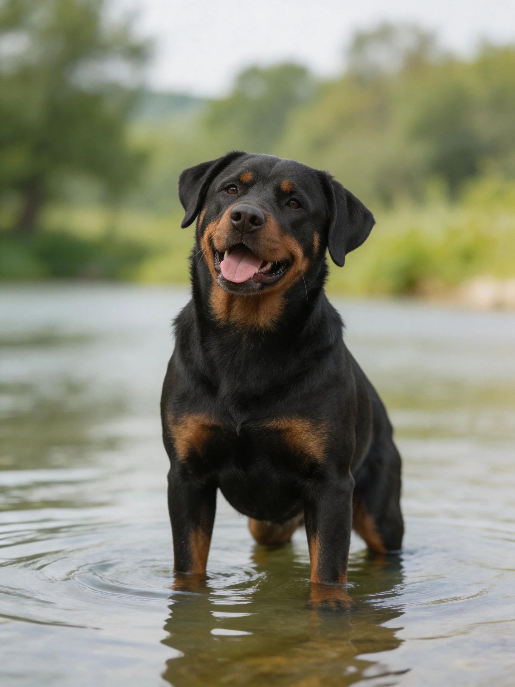 A black and tan Rottweiler stands in shallow water with a natural backdrop.