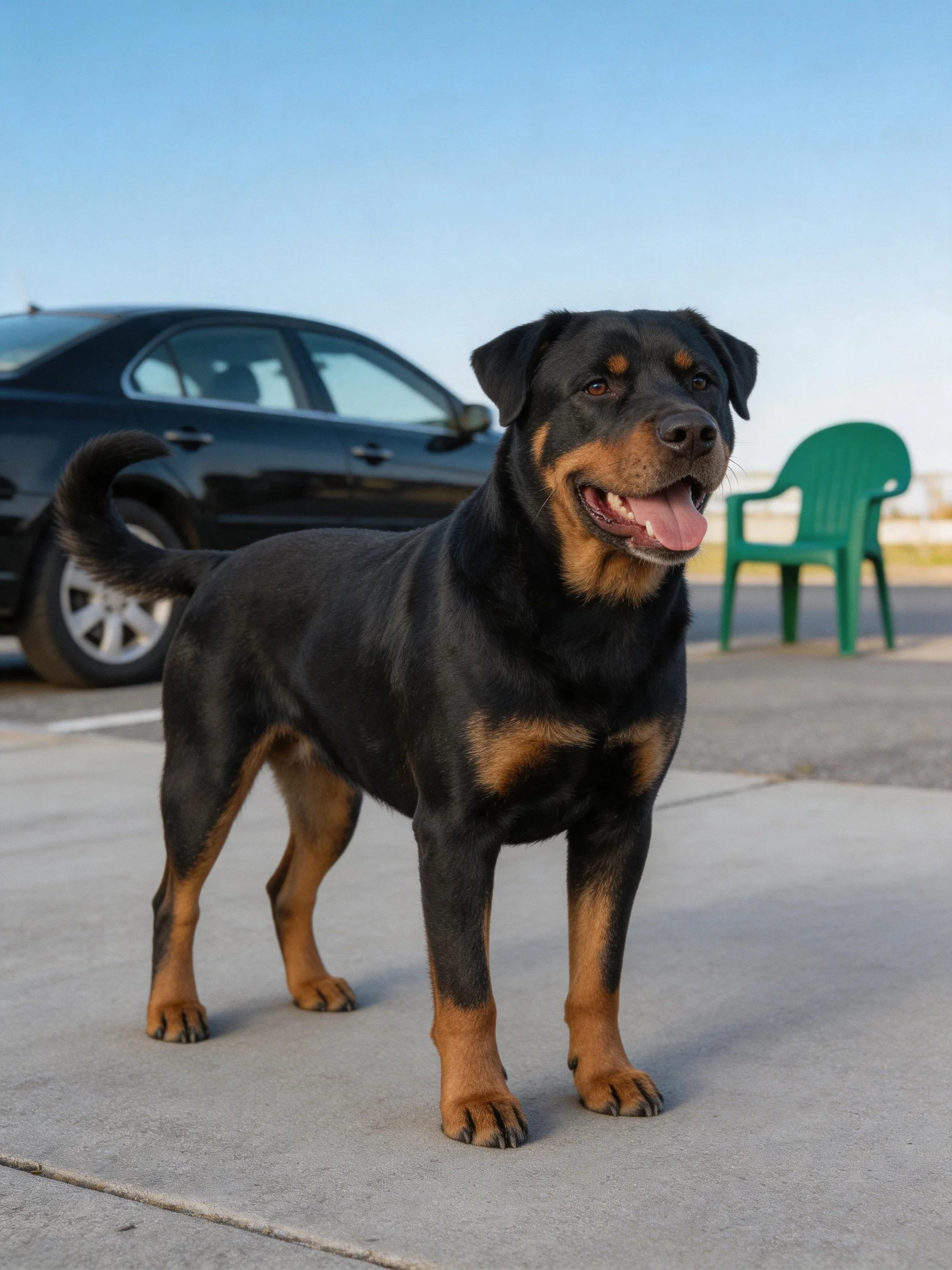 A black and tan Rottweiler stands near a black car and green chair