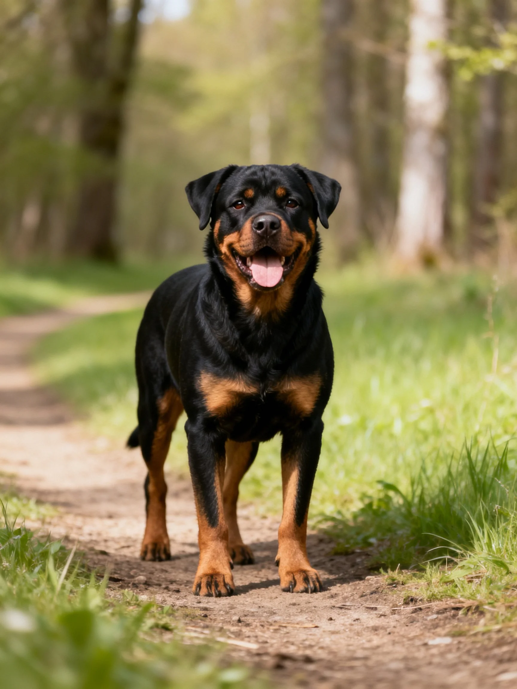 A black and tan Rottweiler stands on a forest path
