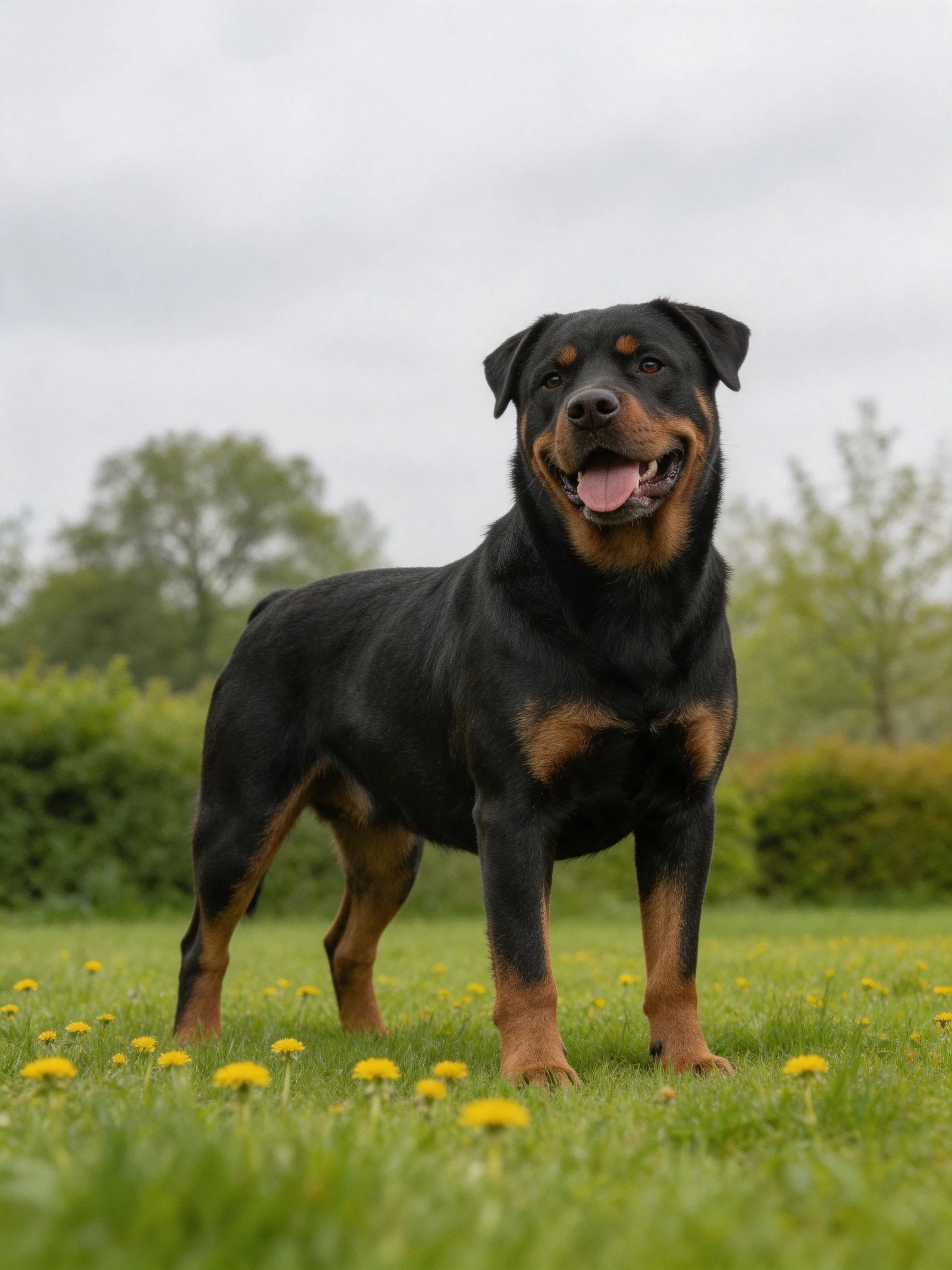 A black and tan Rottweiler stands on a grassy field with yellow flowers.