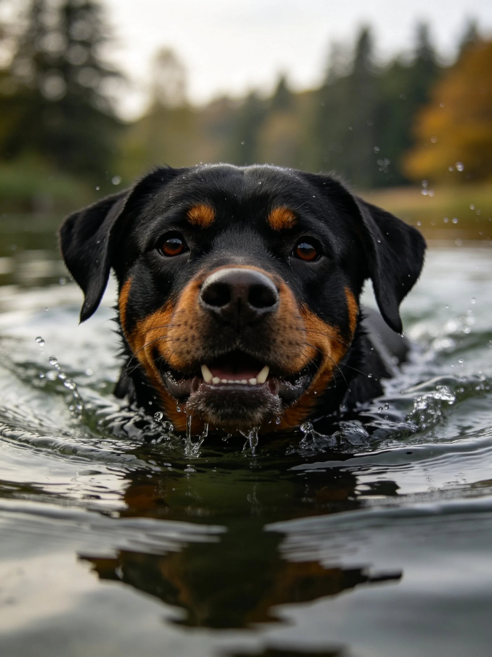 A black and tan Rottweiler swims in rippling water near trees