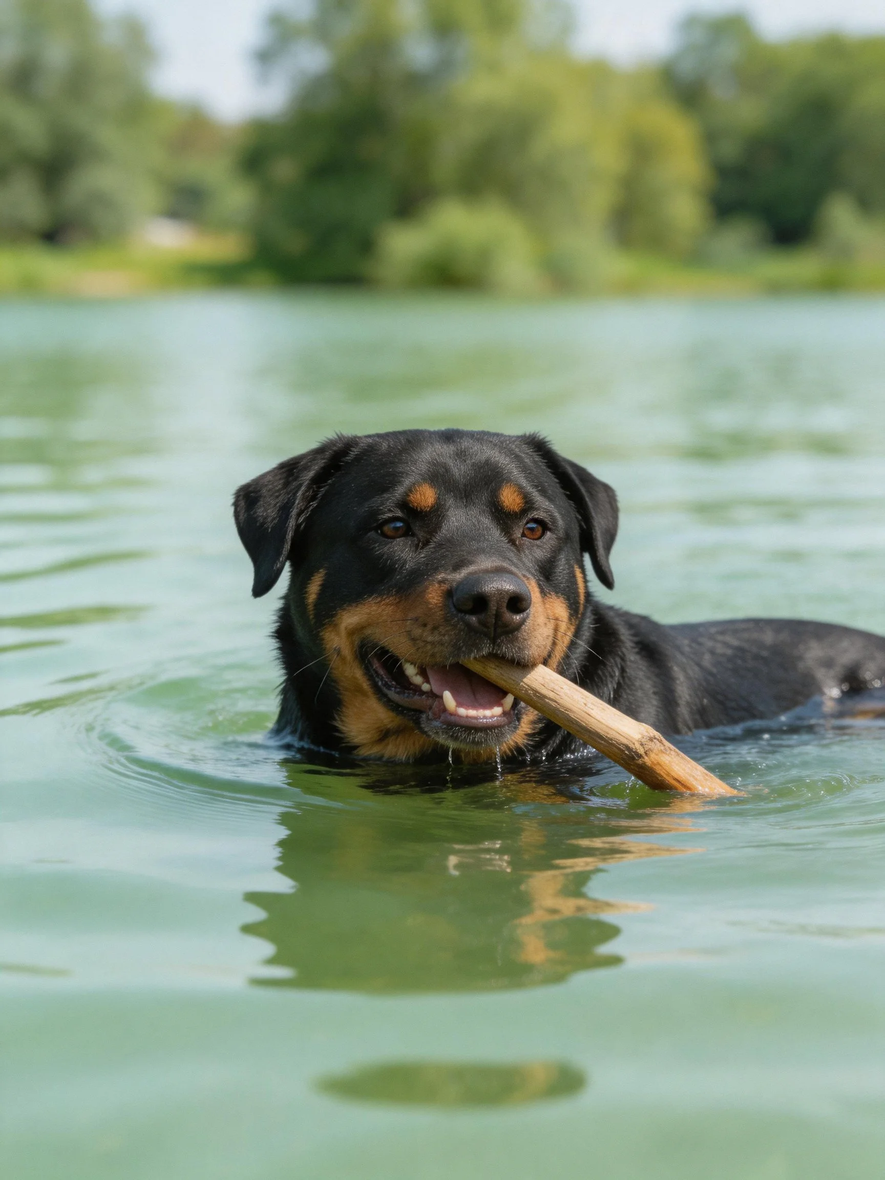A black and tan Rottweiler swims in calm water carrying a wooden stick.