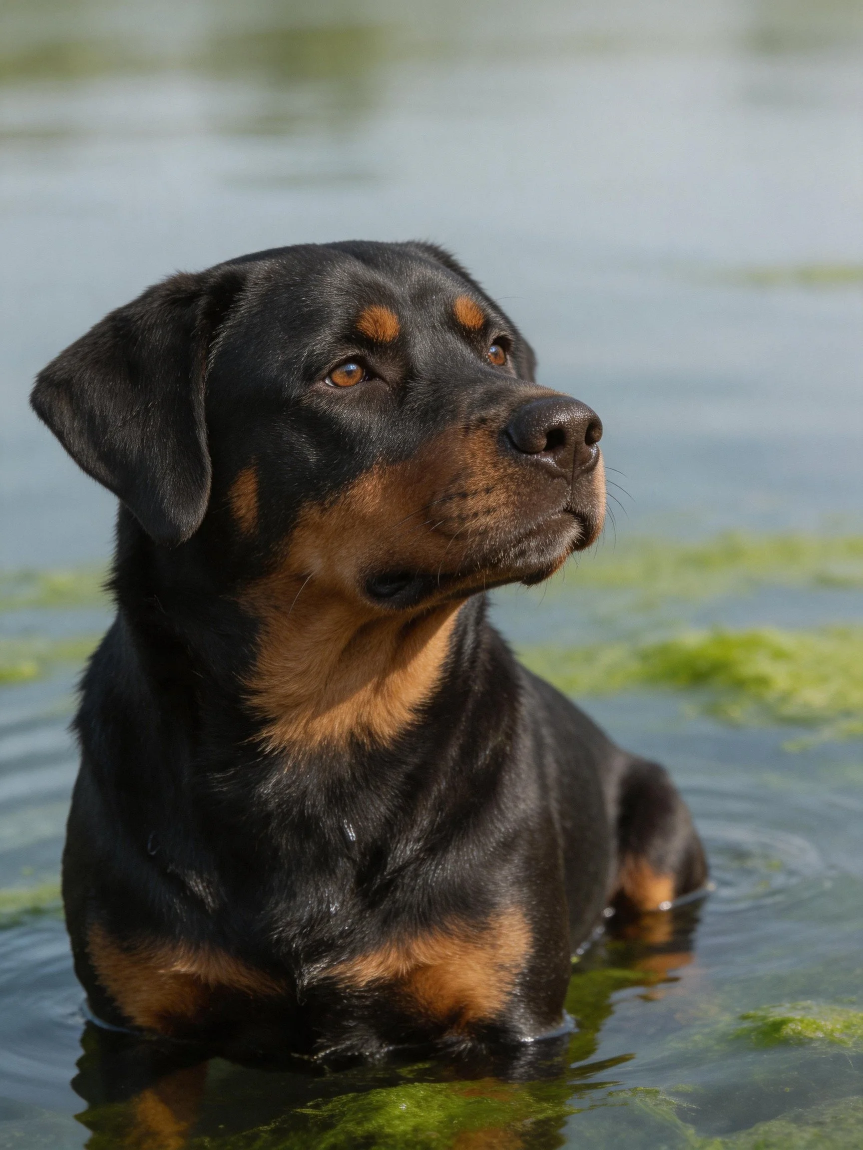 A black and tan Rottweiler wades in algae-laden water