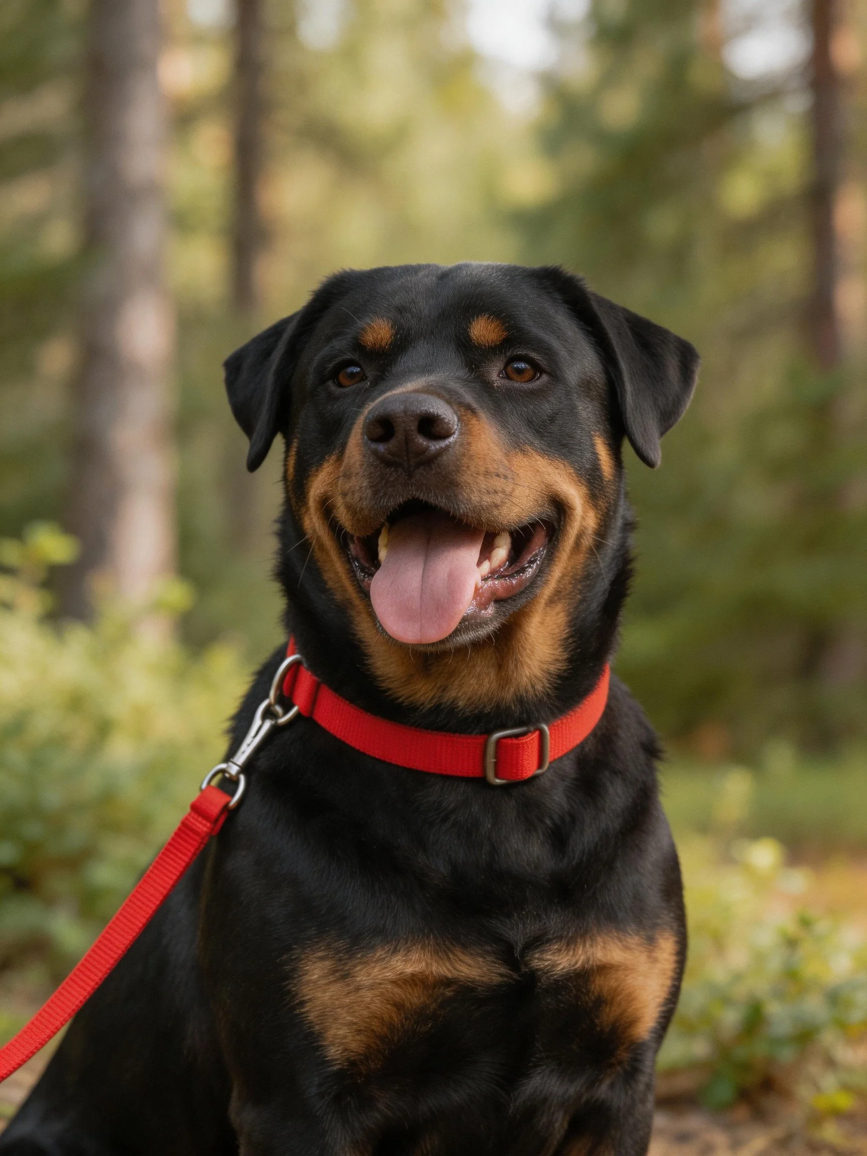 A black and tan Rottweiler with a bright red collar outdoors