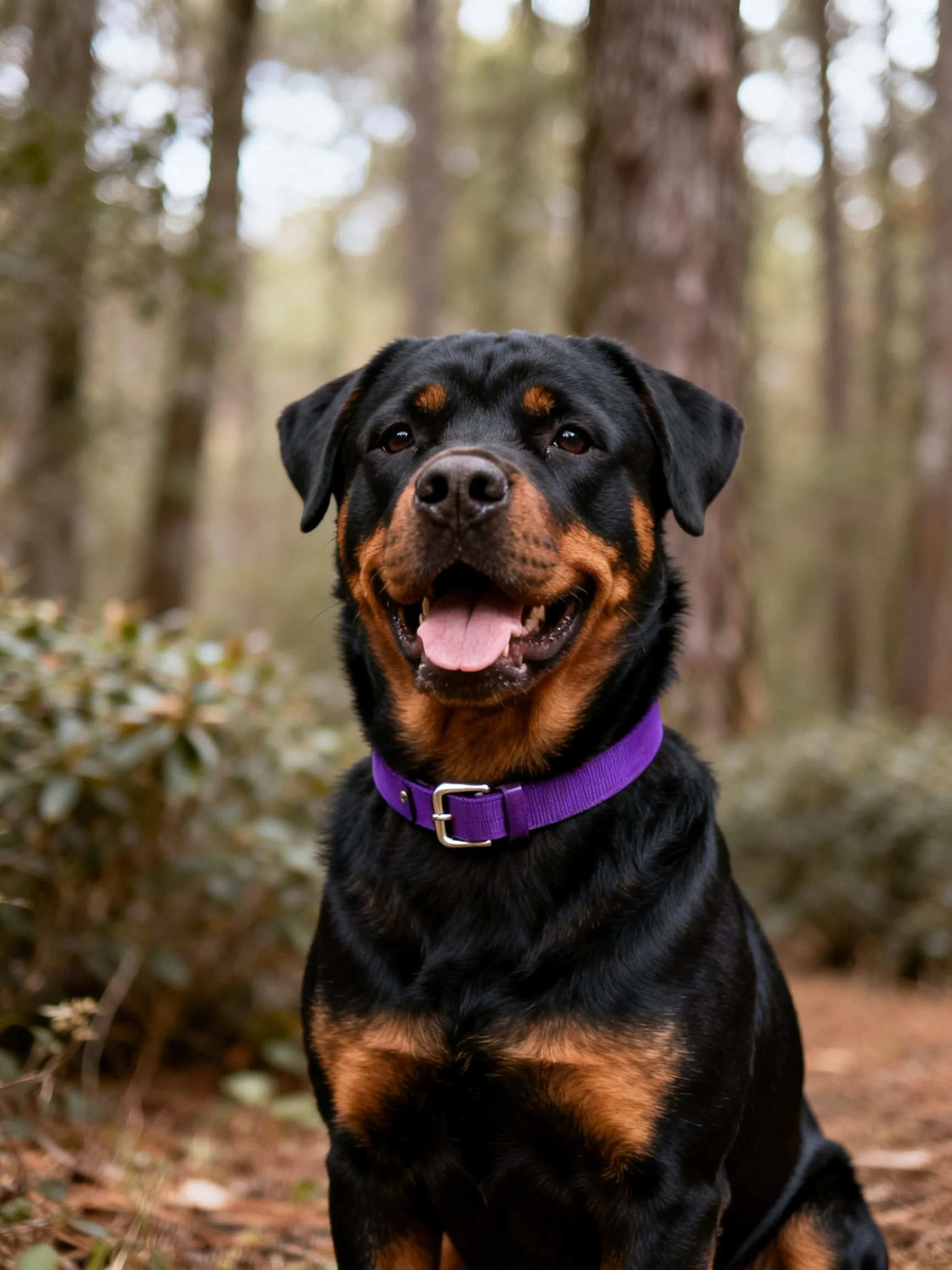 A black and tan Rottweiler sits contentedly among trees and foliage.