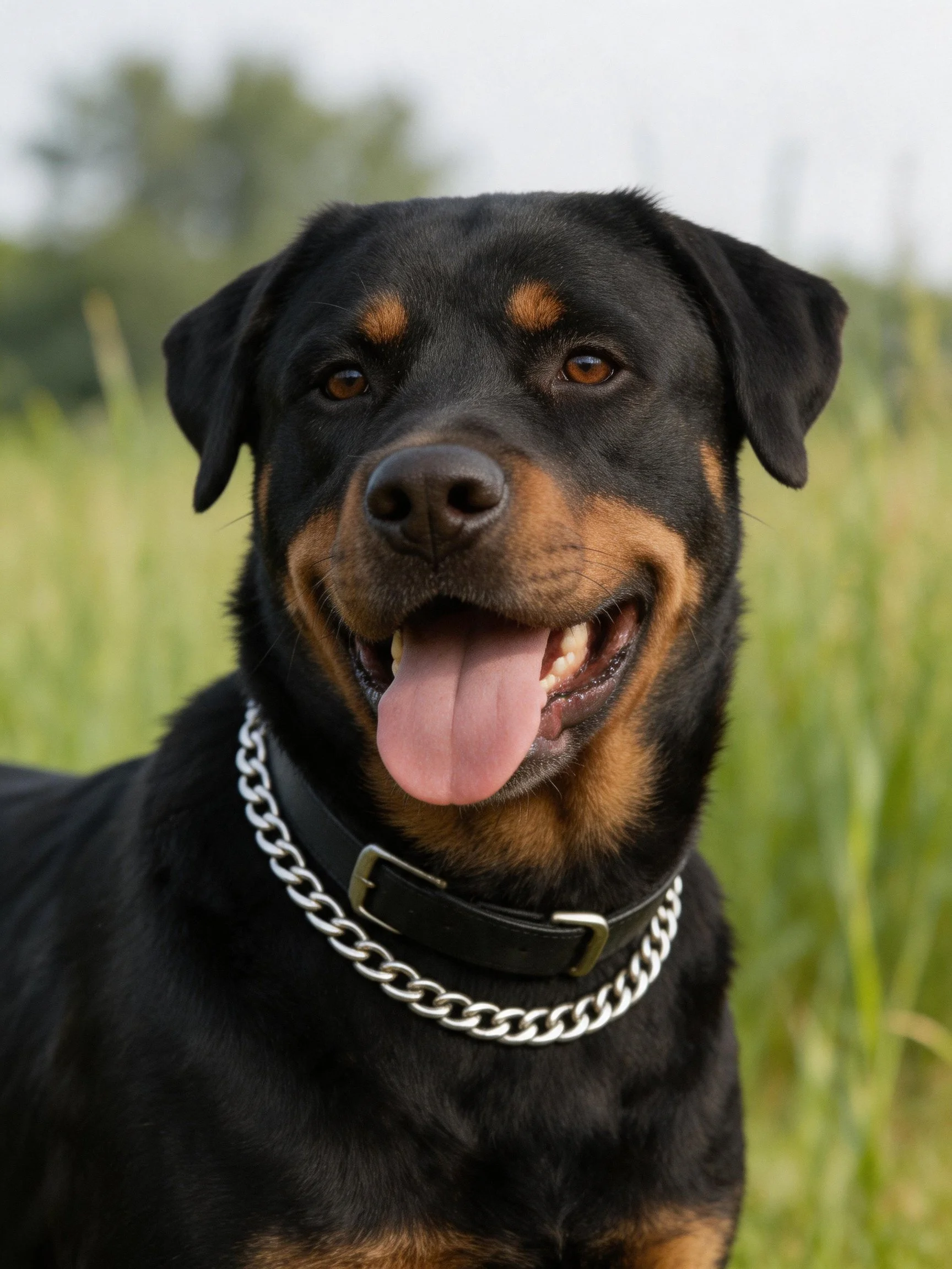 A black and tan Rottweiler with a silver chain collar is outdoors.