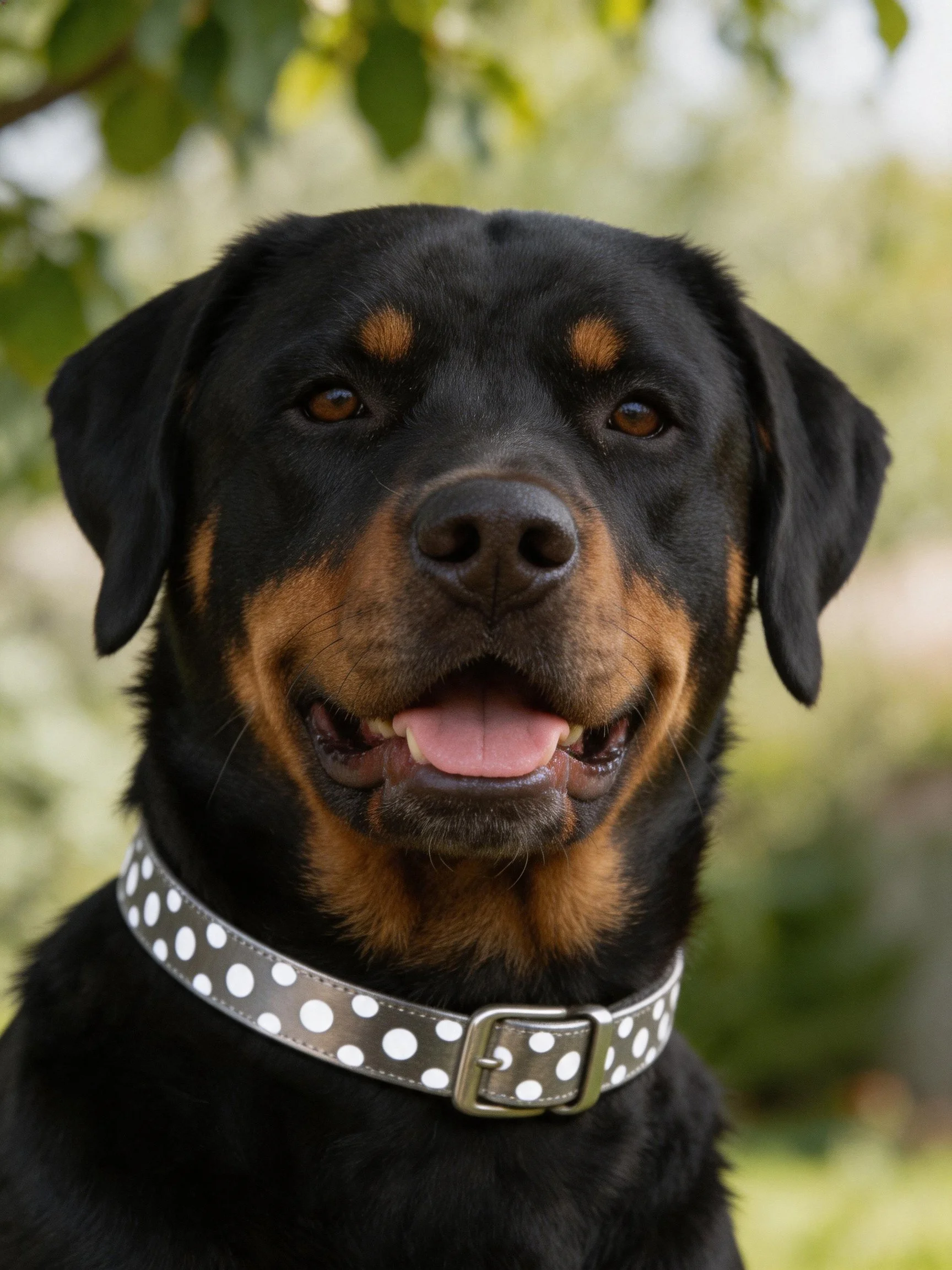 A black and tan Rottweiler with a white polka dot collar outdoors