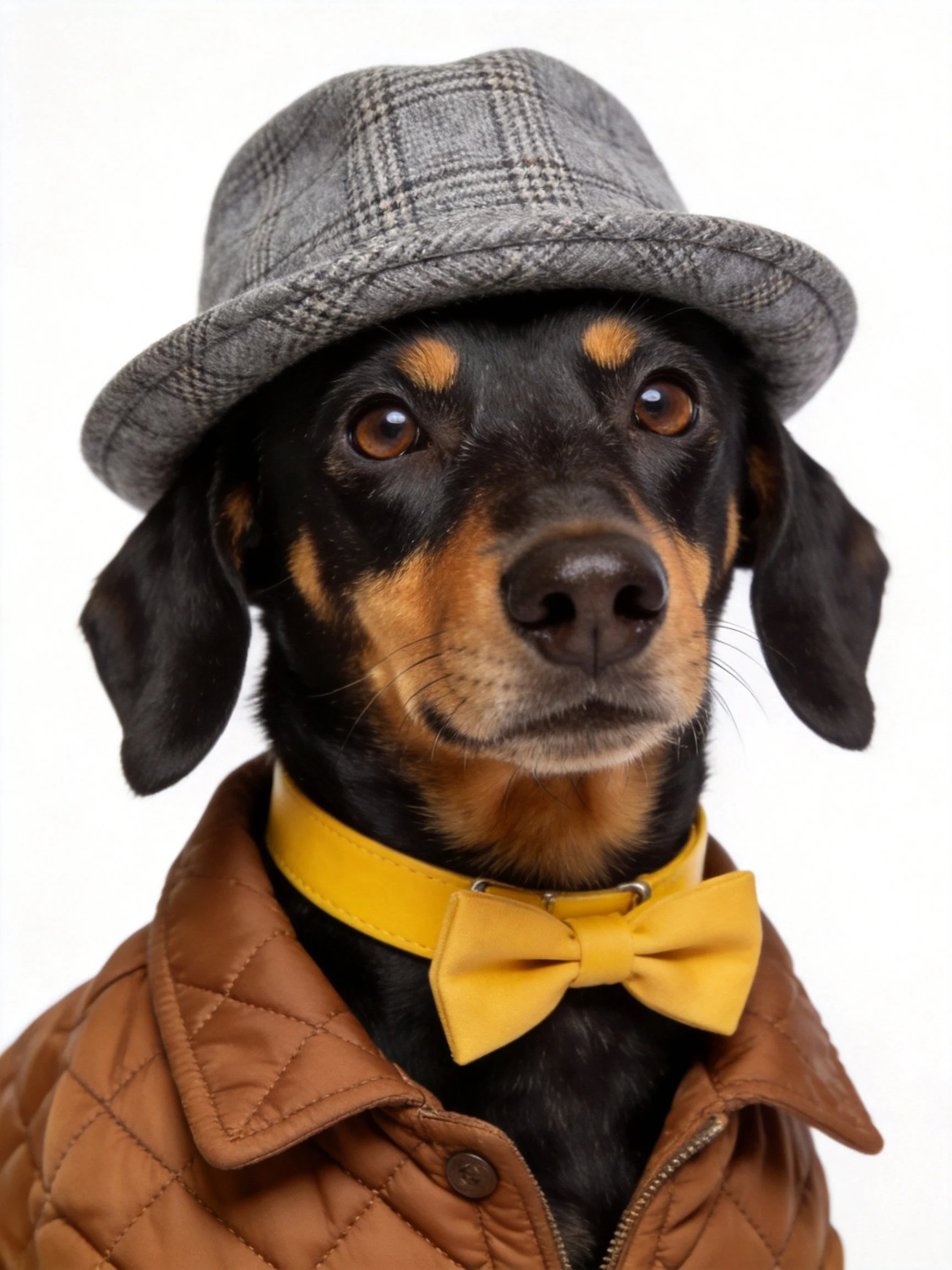 A black and tan dachshund adorned with a gray plaid hat, yellow bowtie, and brown quilted jacket